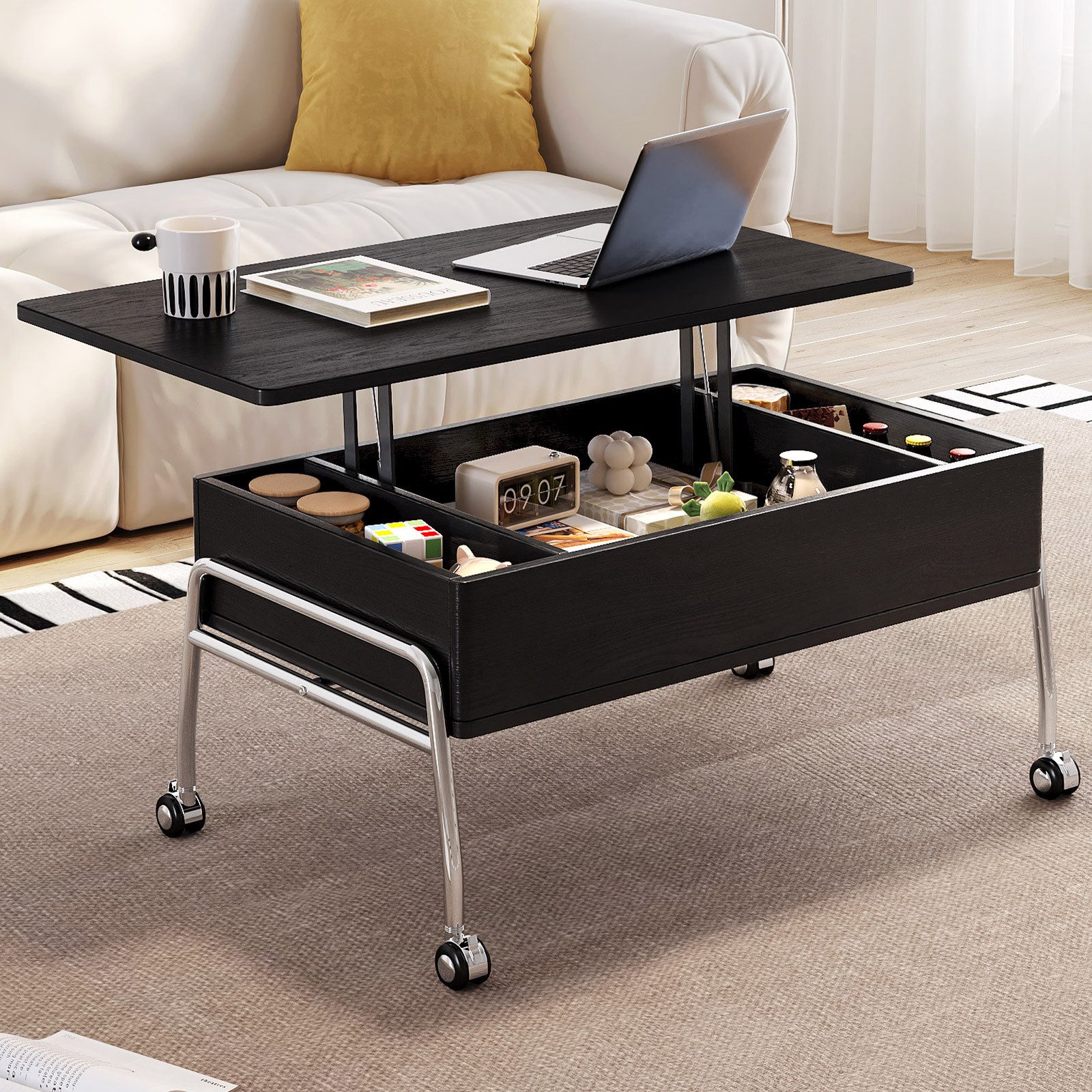 Guyii Couchtisch Höhenverstellbarer schwarz mit Stauraum & Lift-Top rollbar (1-St)