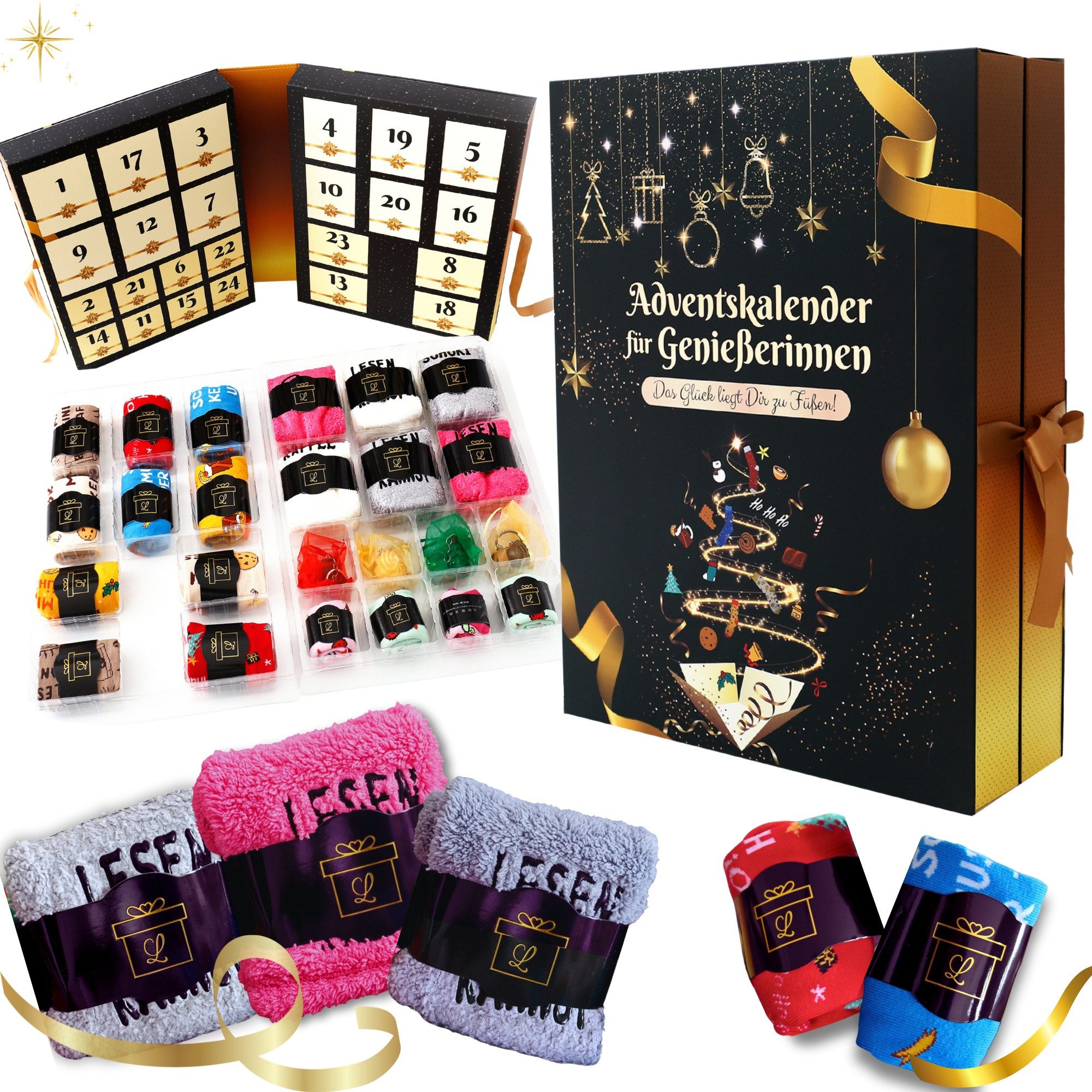 Lucadeau Adventskalender 2025 Damen - Socken Adventskalender Frauen, Luxus Weihnachtskalender, Gr. 37-43, Premium Socken mit Spruch, schöne Anhänger zu Weihnachten