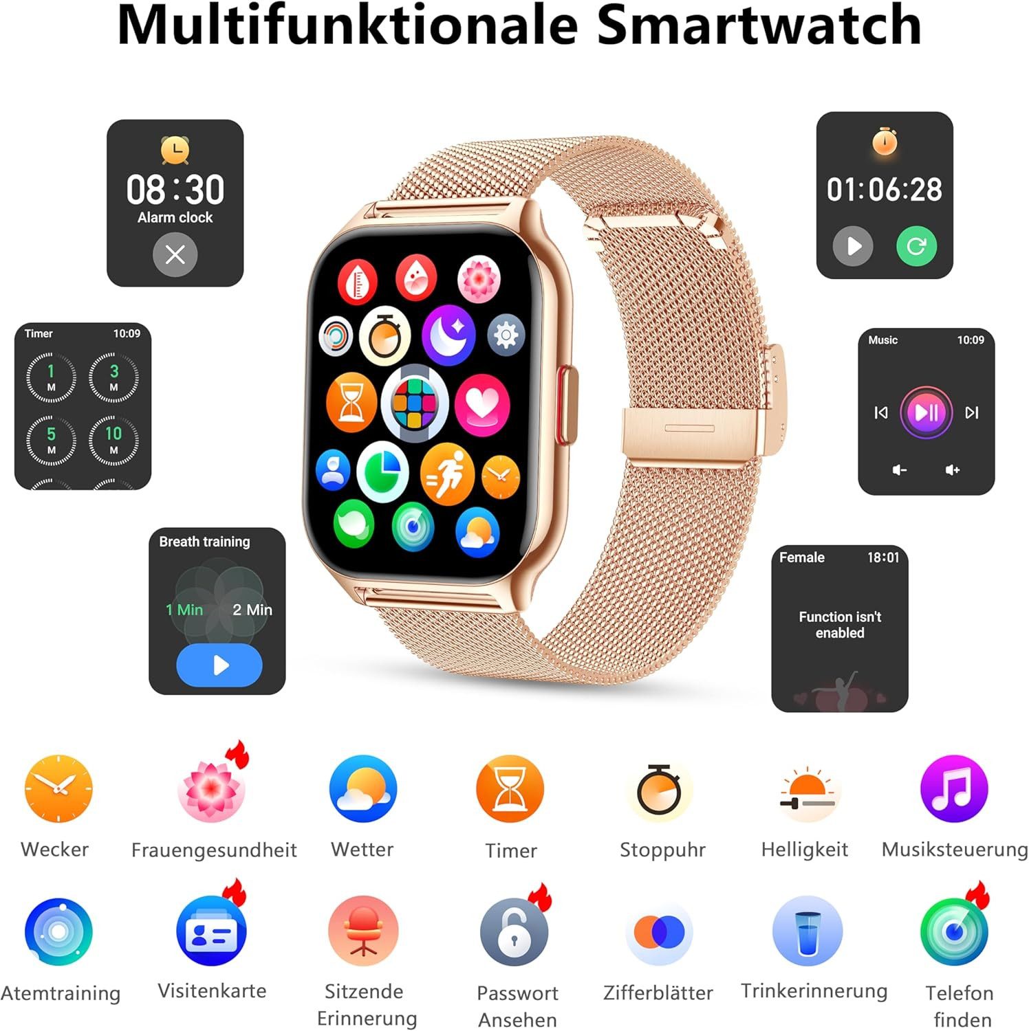 Zevelora Damen's und Herren's Fitness-Tracker Telefonfunktion Smartwatch (5,08 cm/2 Zoll, Android/iOS), mit austauschbarem weichem Silikonarmband, mit Sprachassistent Message Reminder Schlaf-Monitor, 110+ Sportmodi