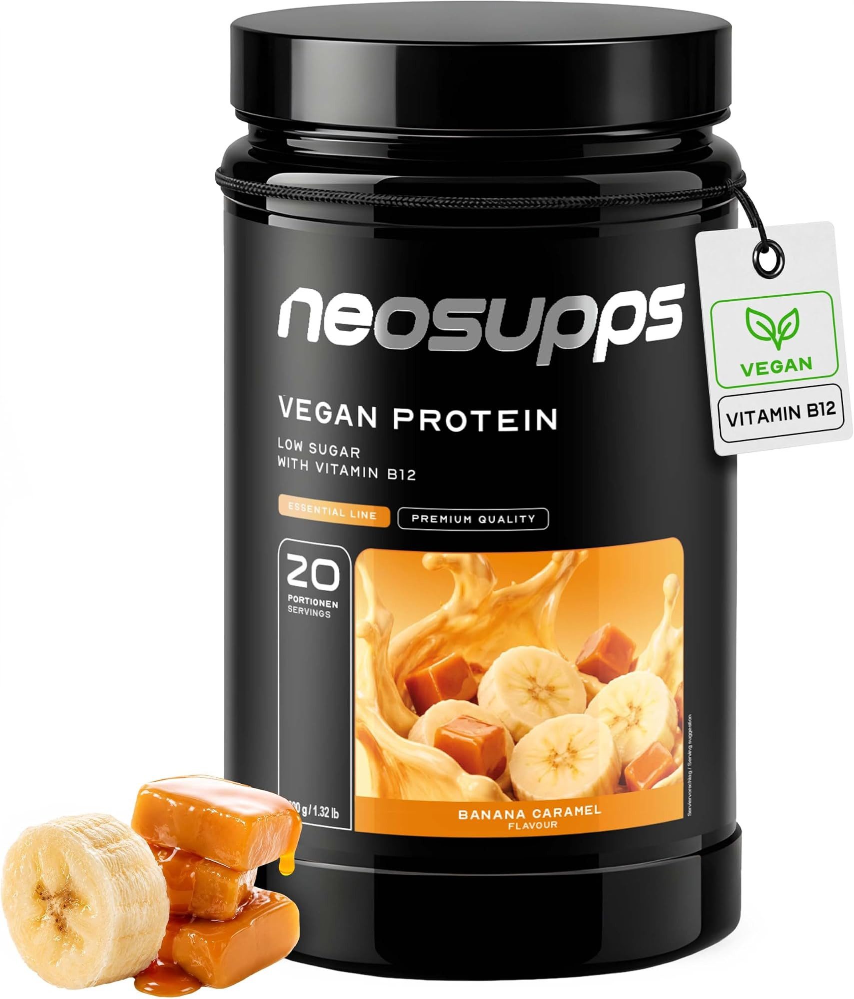 Neosupps Vegan Protein Pulver Banana Caramel 600g, mit Vitamin B12 & zuckerarm Pulver, 600 g, Veganes Proteinpulver aus Erbsen-, Reis- & Kürbiskernprotein