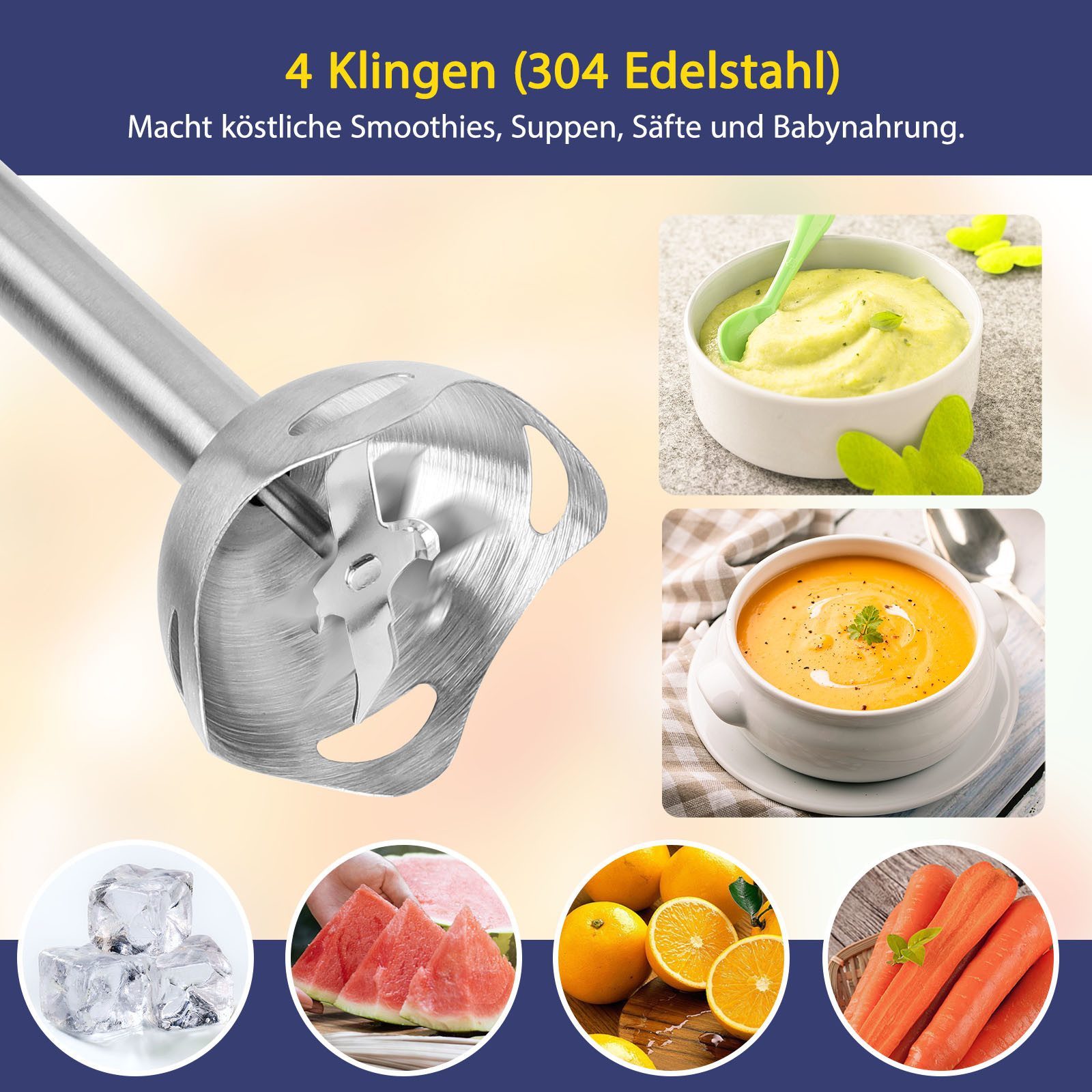 Aigostar Stabmixer Stabmixer Set 4 in 1,Pürierstab Edelstahl Rührstab 6 Geschwindigkeiten, 1000,00 W, stabmixer set 4 in 1, Variable Geschwindigkeit und Turbo