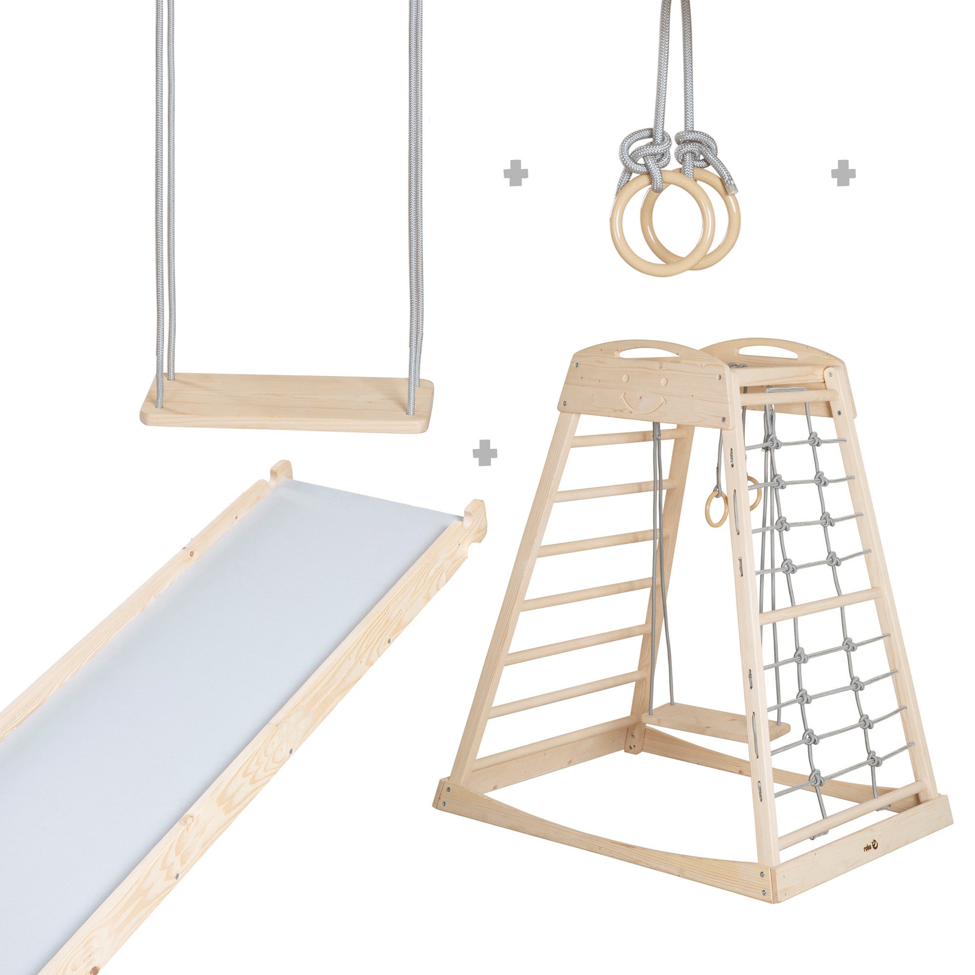 roba® Spielturm aus Holz - Indoor Klettergerüst für Kinder - Kletterturm, Mit Massivholzschaukel - Belastbar bis 70 kg - Natur / Grau
