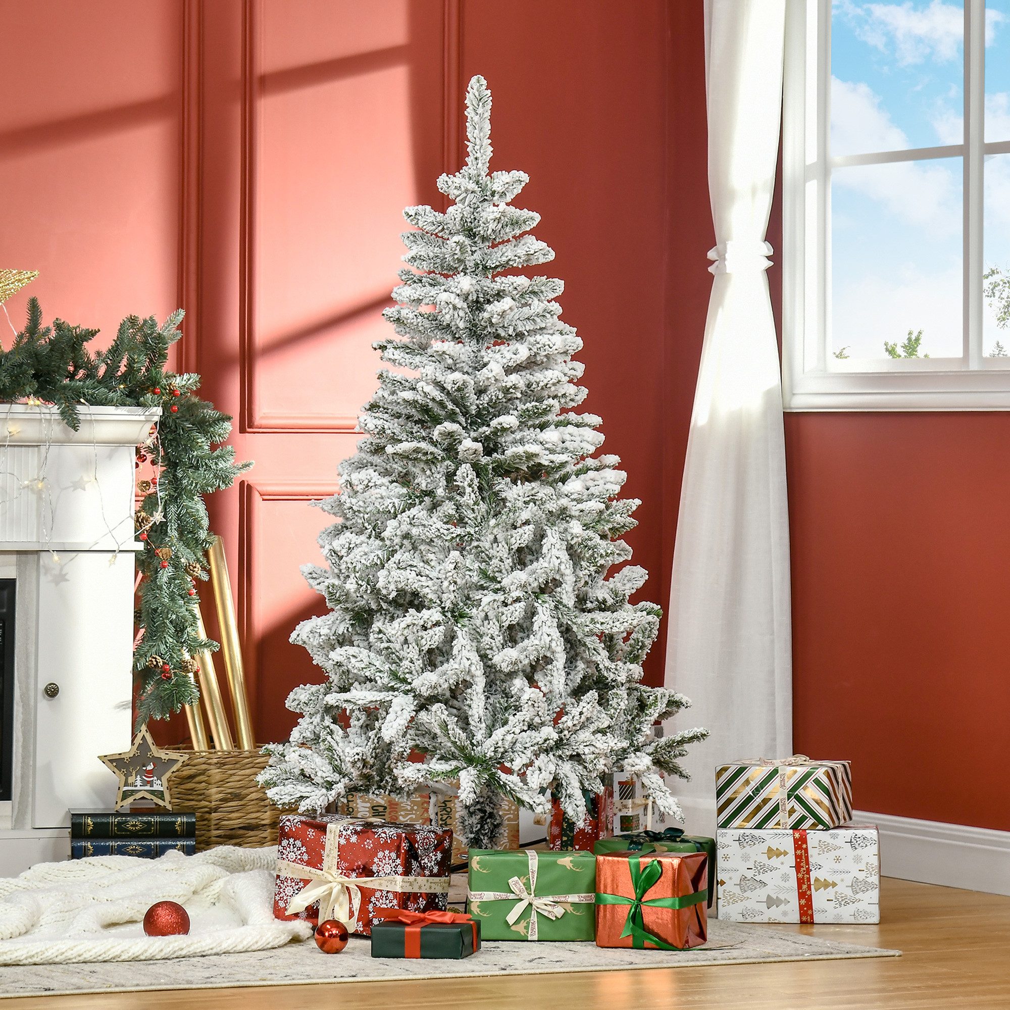HOMCOM Künstlicher Weihnachtsbaum mit Beflockung, faltbare Füße, Kiefer, Stahlrahmen, für Indoor, grün+weiß