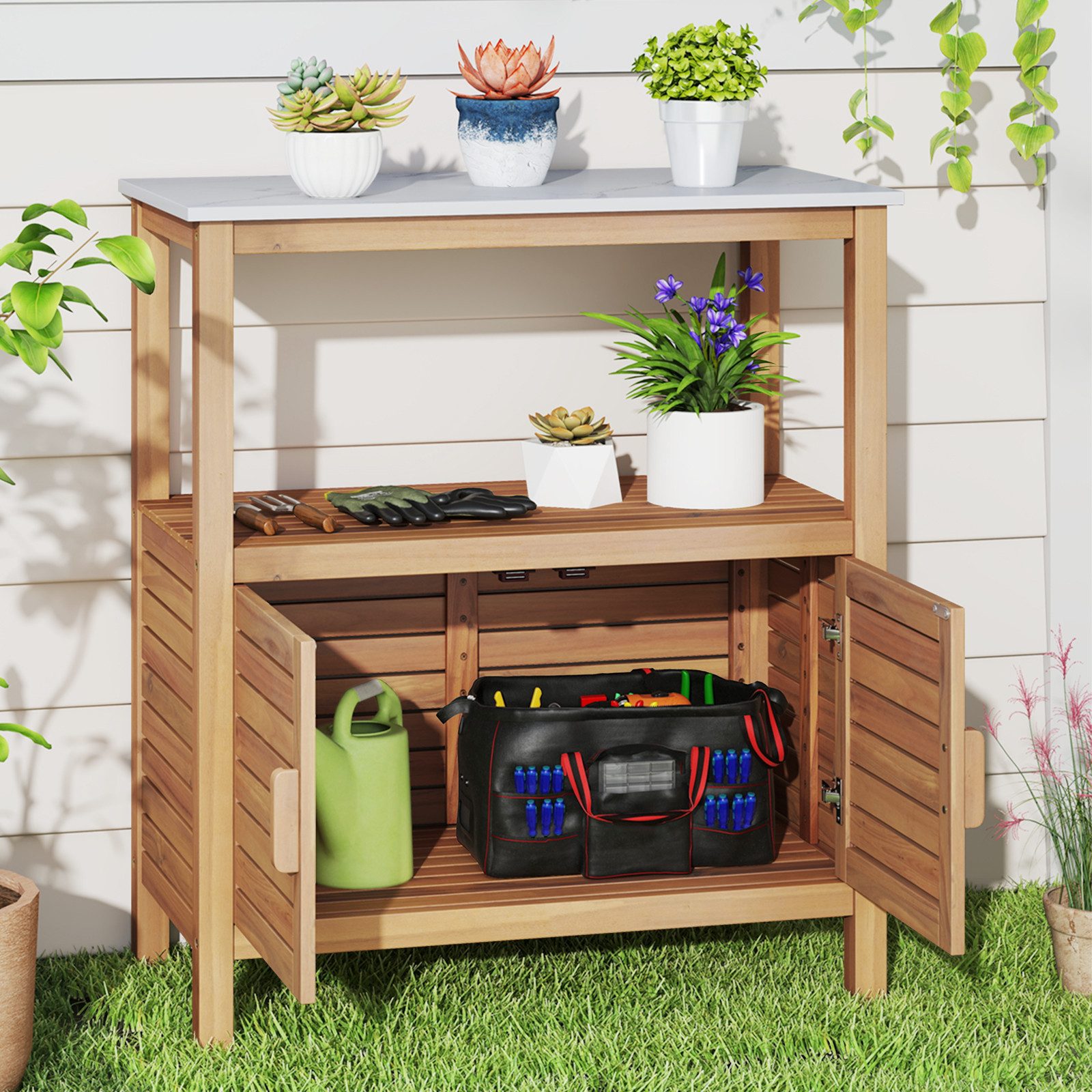 KOMFOTTEU Garten-Geräteschrank, Gartenschrank Beistellschrank mit 2 Ablagen, aus Akazienholz