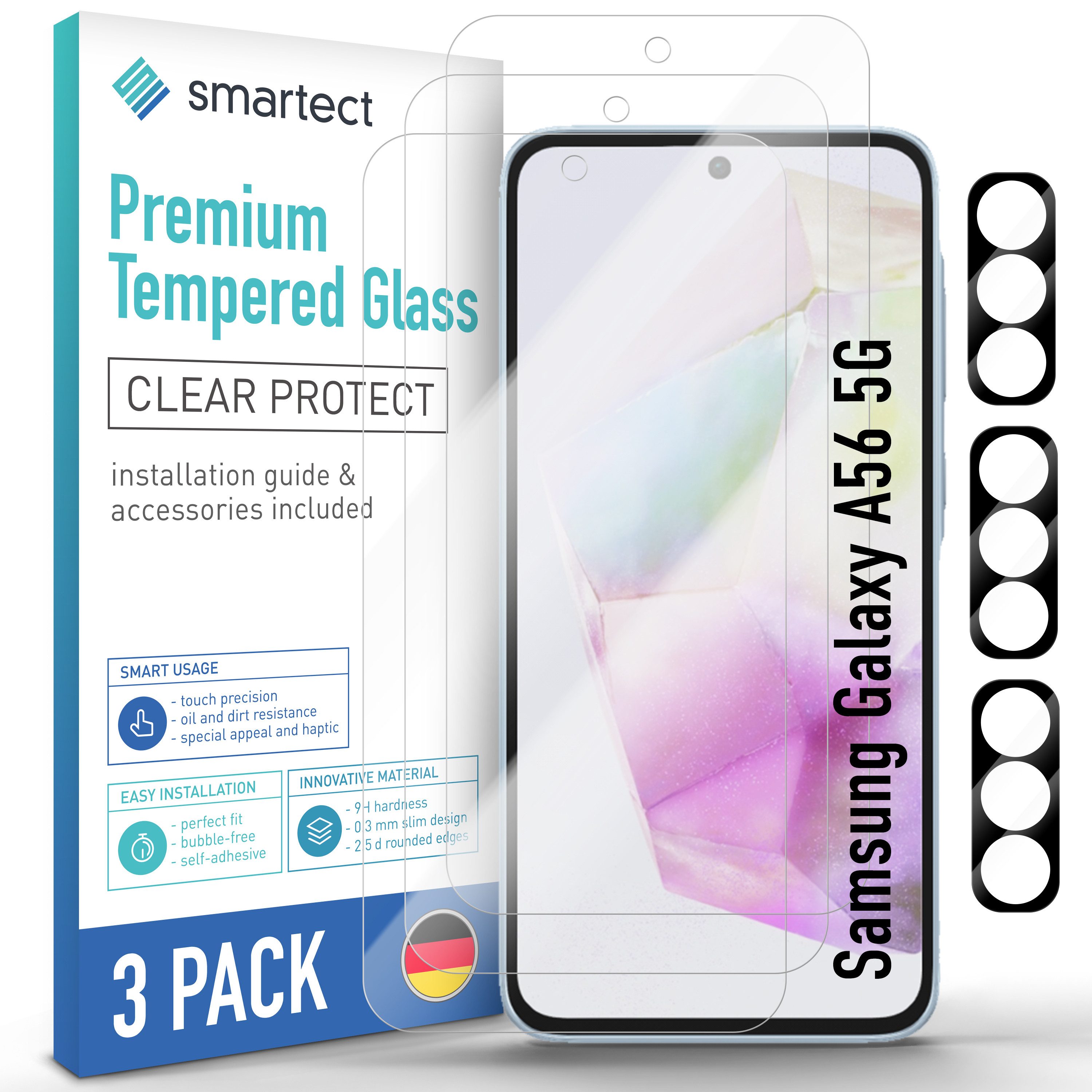 smartect Displayschutzglas Schutzglas Panzerfolie 3 + 3 Stück für Galaxy A56 5G (Display+Kamera) für Samsung Galaxy A56 5G, Set, 3 Stück, 0.3 mm Ultra-klar, 9H Härte, Kratzfest, Stoßfest, Blasenfrei, Oleophob