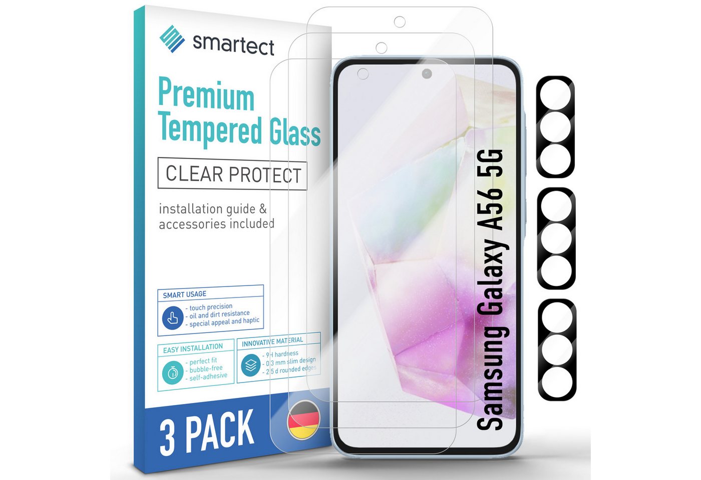 smartect Displayschutzglas Schutzglas Panzerfolie 3 + 3 Stück für Galaxy A56 5G (Display+Kamera) für Samsung Galaxy A56 5G, Set, 3 Stück, 0.3 mm Ultra-klar, 9H Härte, Kratzfest, Stoßfest, Blasenfrei, Oleophob