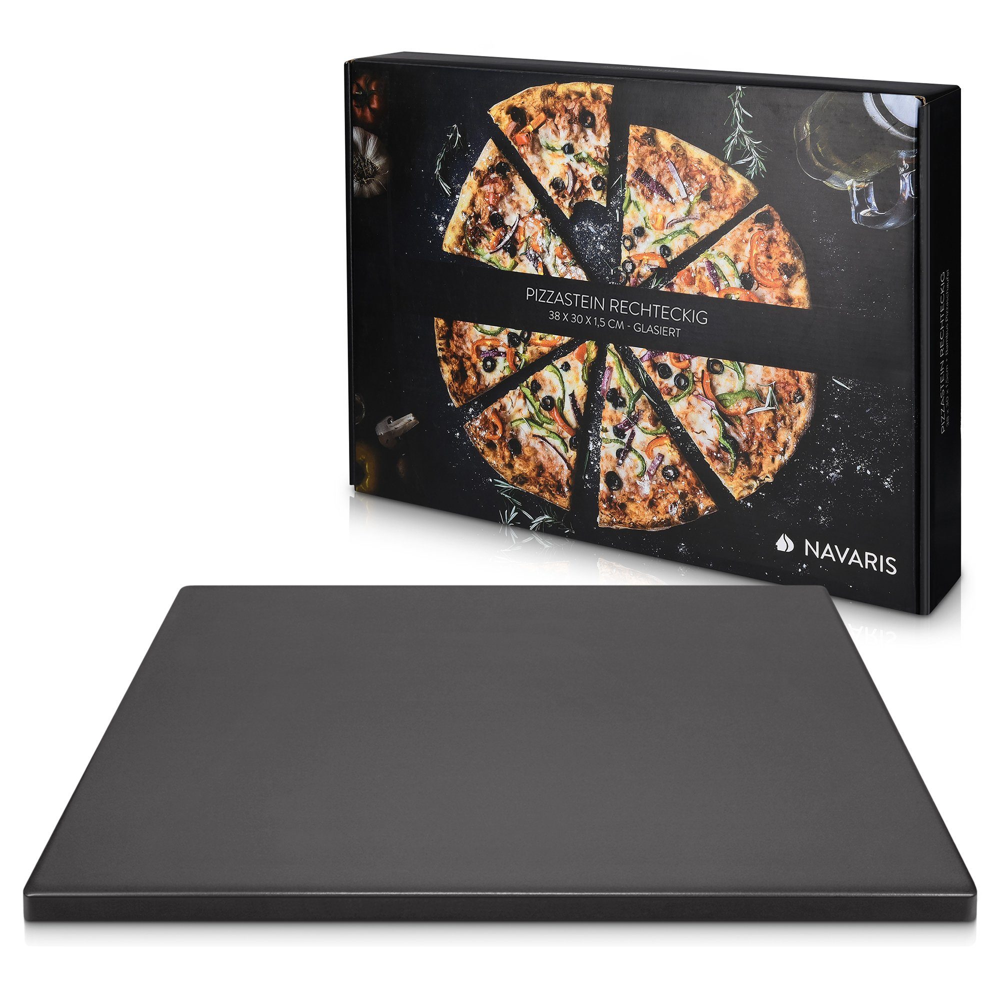 Navaris Backstein Pizzastein XL - 38x30cm - für Flammkuchen - inkl. Rezeptbuch, Korderit-Keramik, (1-St)