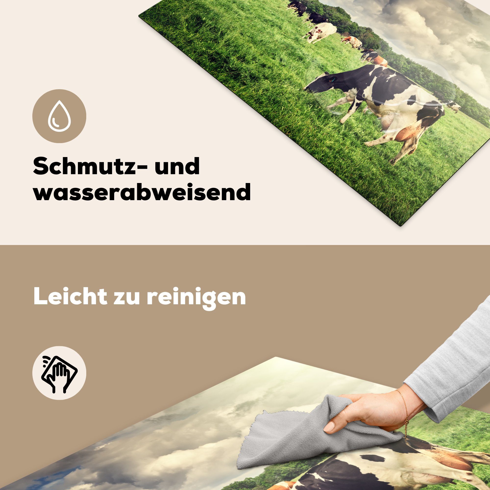 Landschaft, Weide die Herdblende-/Abdeckplatte tlg), - Tiere Kühe Induktionskochfeld für - - Ceranfeldabdeckung küche, Schutz - 81x52 MuchoWow Natur Vinyl, (1 cm,