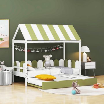 IDEASY Prinzessinbett Kinderbett 90x190 cm, mit Ausziehbett, mit Himmel, (Dachhimmeltextilien), Rausfallschutz, grün/rosa, ohne Matratze