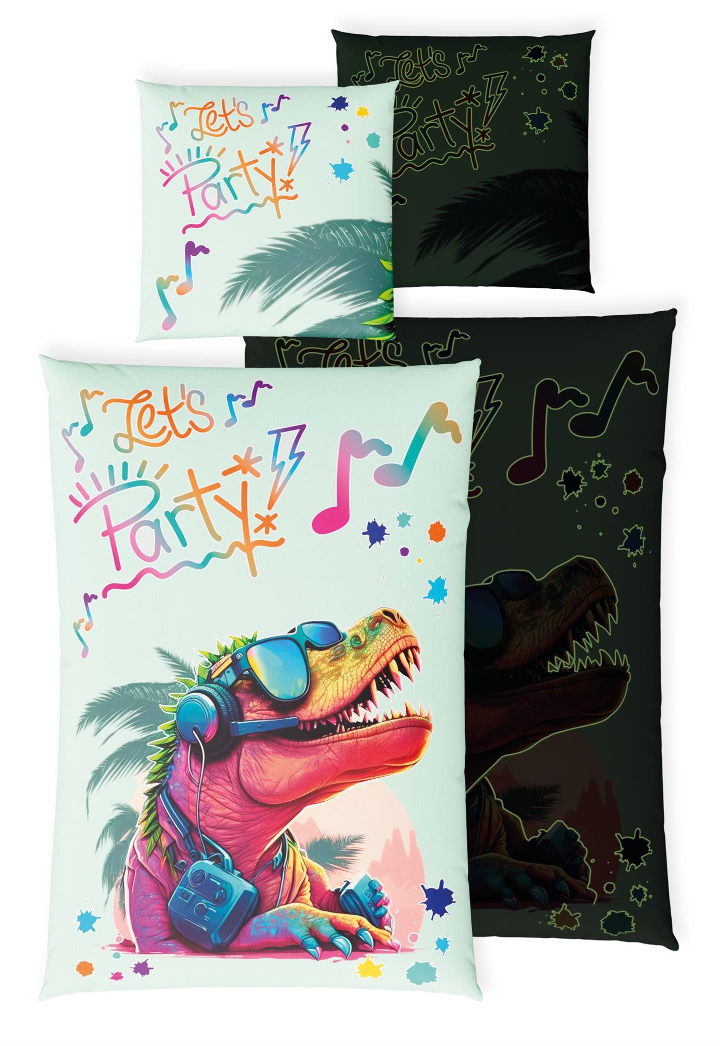 Carpe Sonno Kinderbettwäsche 135 x 200 Jungen Leuchtende Bettwäsche Kinder Dinosaurier + SPIELE, Renforcé, 2 teilig, GLOW IN THE DARK Dino Bettbezug 135x200 - 100% Baumwolle