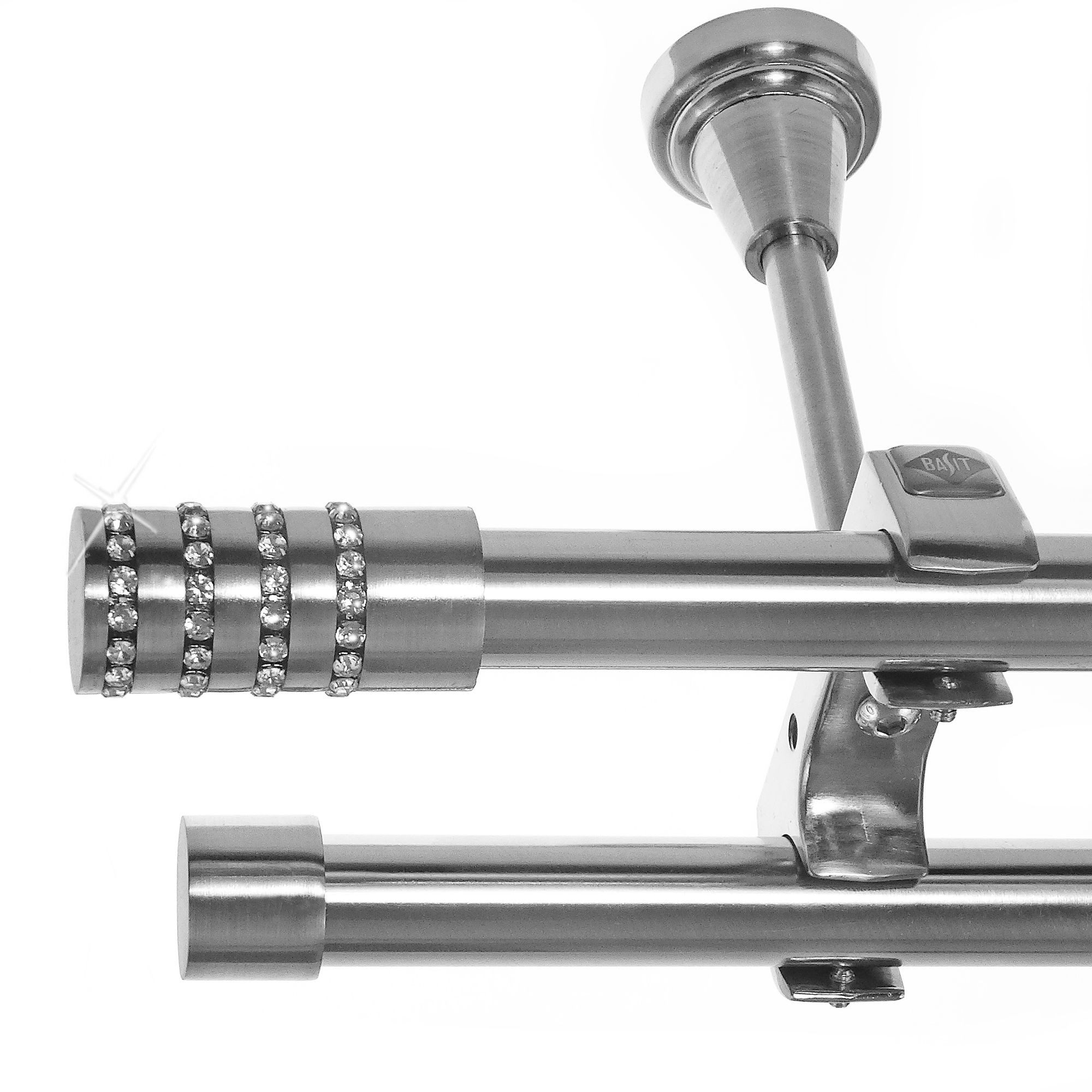 BASIT Gardinenstange Edelstahloptik 20mm mit Deckenträgern 540 cm E39, Ø 20 mm, 2-läufig, verschraubt, Metall, D61RR 540 cm E39 Zylinder mit Kristall