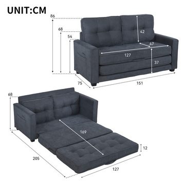 Merax Schlafsofa 3-in-1 Klappbares Couch, Bettsofa, Sofa mit Schlaffunktion, 2-Sitzer, Bodensofa, Liegefläche 127x169cm