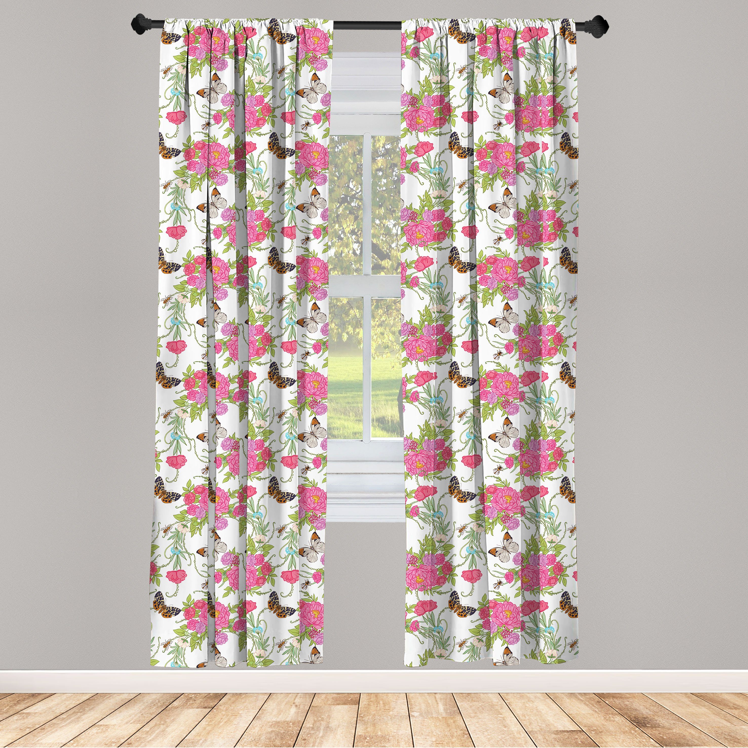 Gardine Vorhang für Wohnzimmer Schlafzimmer Dekor, Abakuhaus, Microfaser, Frühling Schmetterlinge auf Blumen-Kunst