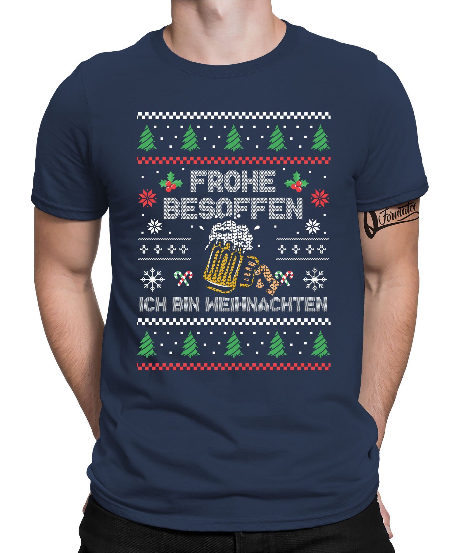 Quattro Formatee Kurzarmshirt Bier Besoffen Ugly - Weihnachten Nikolaus Weihnachtsgeschenk Herren (1-tlg) Navy Blau