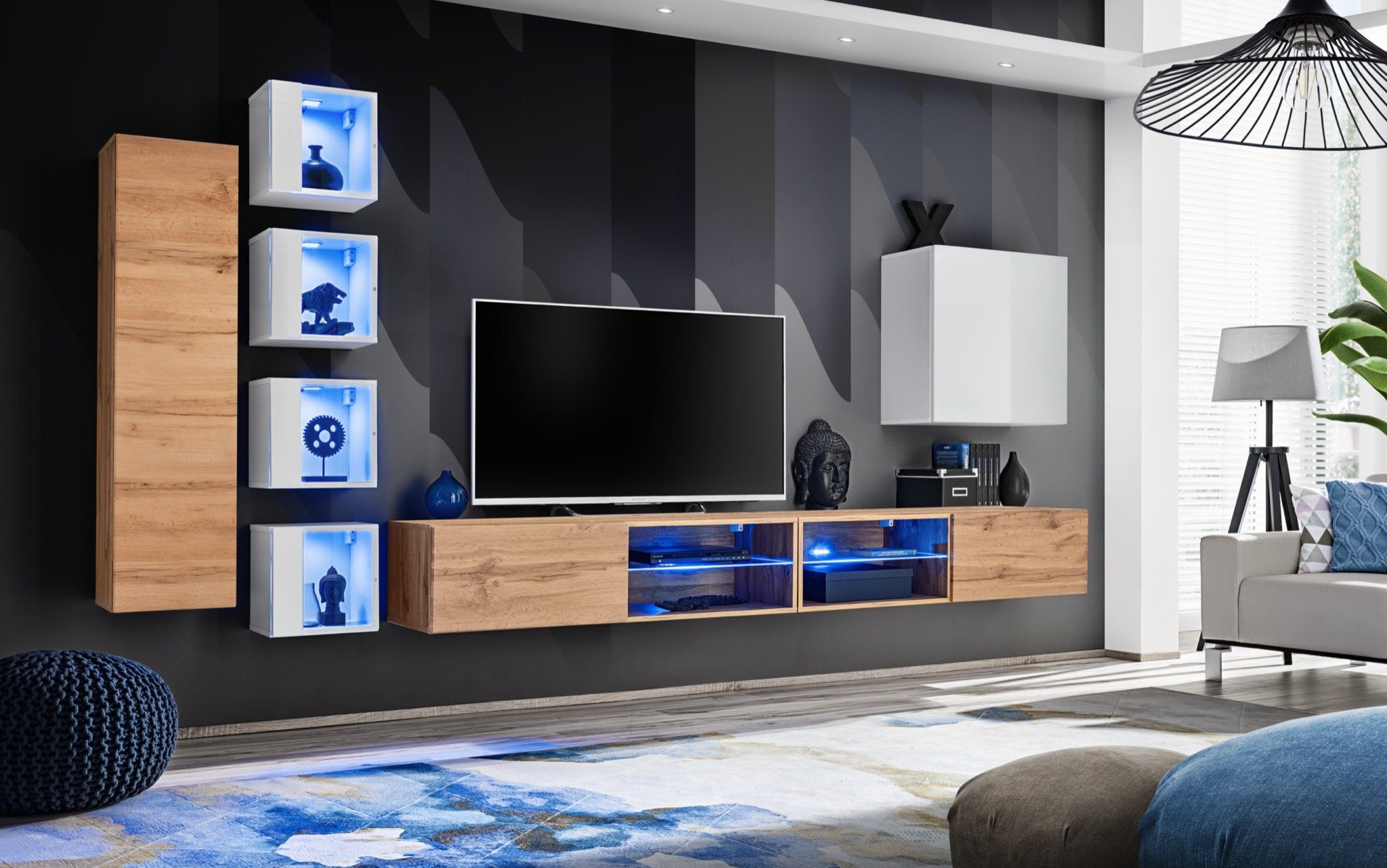 2x beleuchtet Hänge TV Wandschrank), 6x Wohnwand LED Ständer + JVmoebel Holzmöbel, (8-St., Wohnwand Designer Modern Wandschrank TV-Ständer