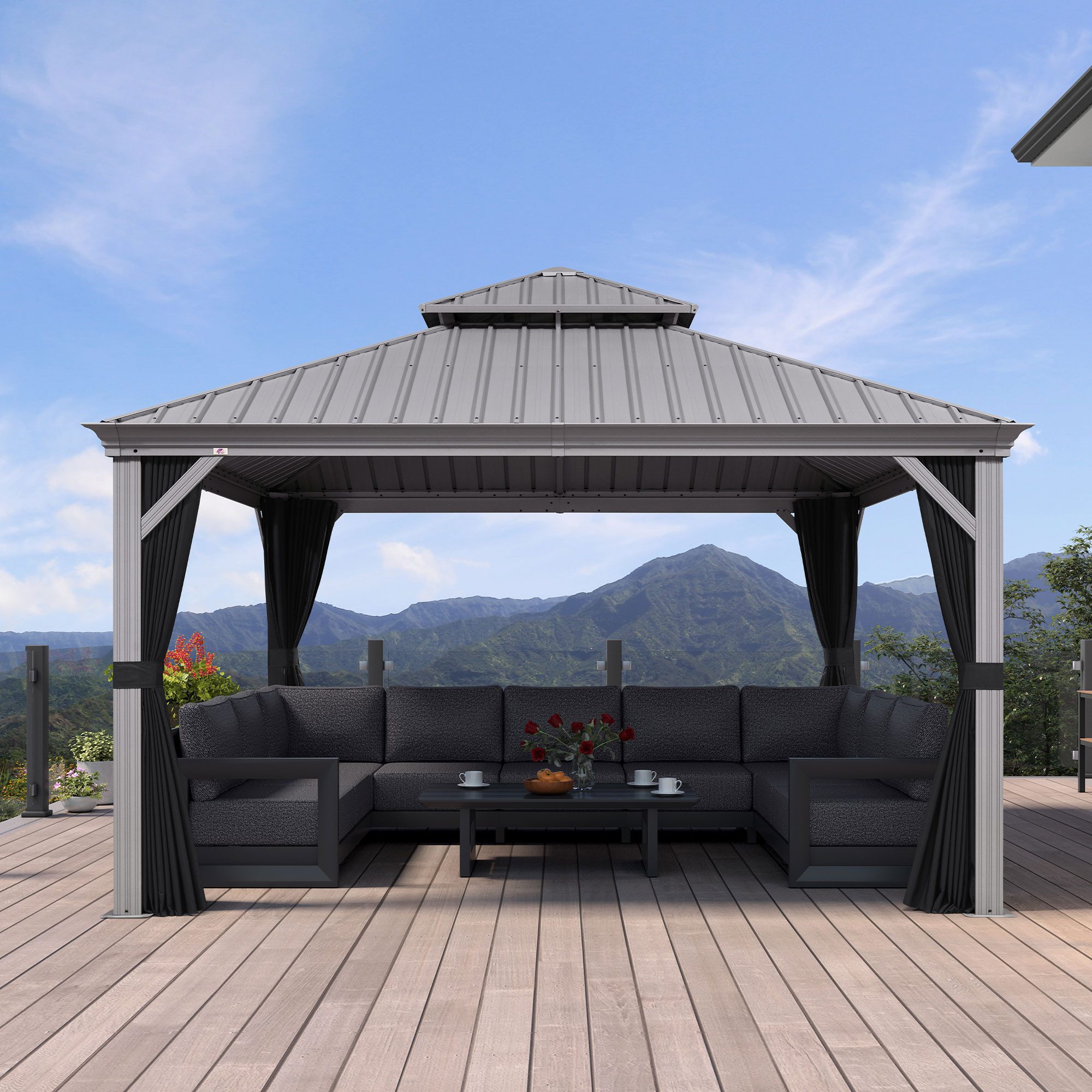 PURPLE LEAF Pavillon Außenbereich Alu Gartenpavillon, Gazebo mit Stahldach Hardtop, 300x365 CM, Gazebo Inklusive Vorhänge und Fliegengitter,für Terrasse