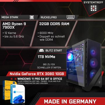 SYSTEMTREFF Gaming-PC (AMD Ryzen 9 7900X, GeForce RTX 3080, 32 GB RAM, 1000 GB SSD, Wasserkühlung, Windows 11, WLAN)