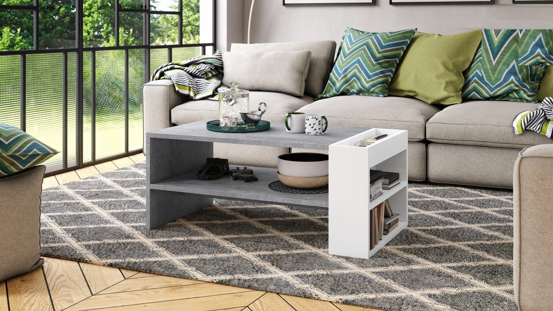 designimpex Couchtisch Design Couchtisch Nefri Tisch Wohnzimmertisch mit Ablagefläche Beton / Weiß matt