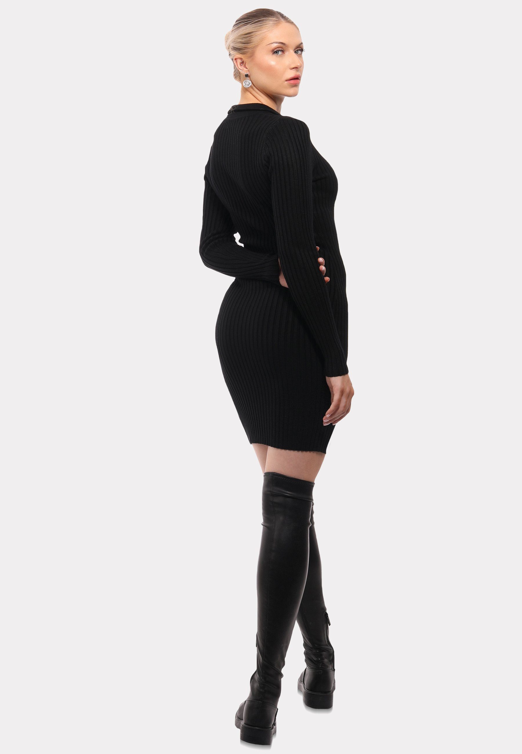 Strickkleid Fashion schwarz Style Strickkleid in (1-tlg) Mini & mit Polokragen Unifarbe YC Elegantes