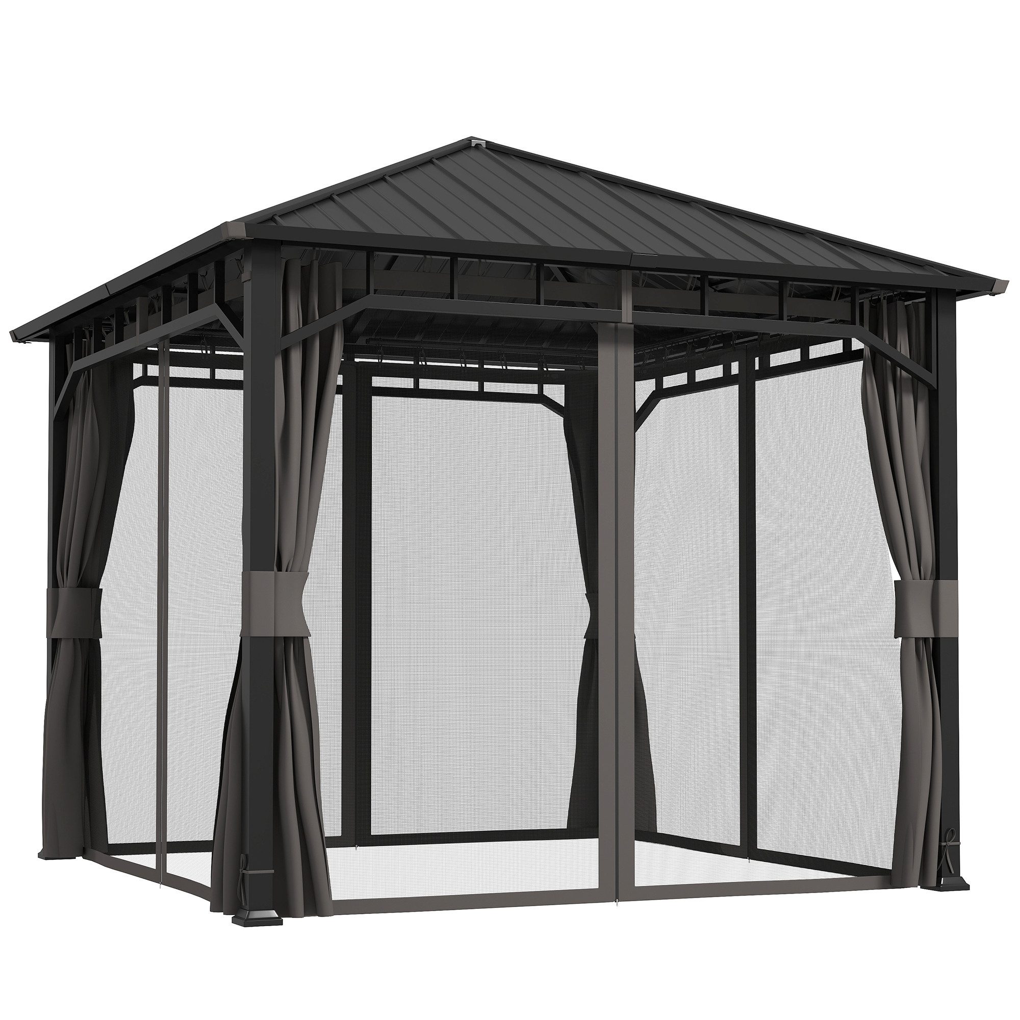 Outsunny Pavillon mit Seitenteile, Moskitonetz, Haken, Hardtop, mit 8 Seitenteilen, (Gartenpavillon, Partyzelt), für Garten, Terrasse, Dunkelgrau