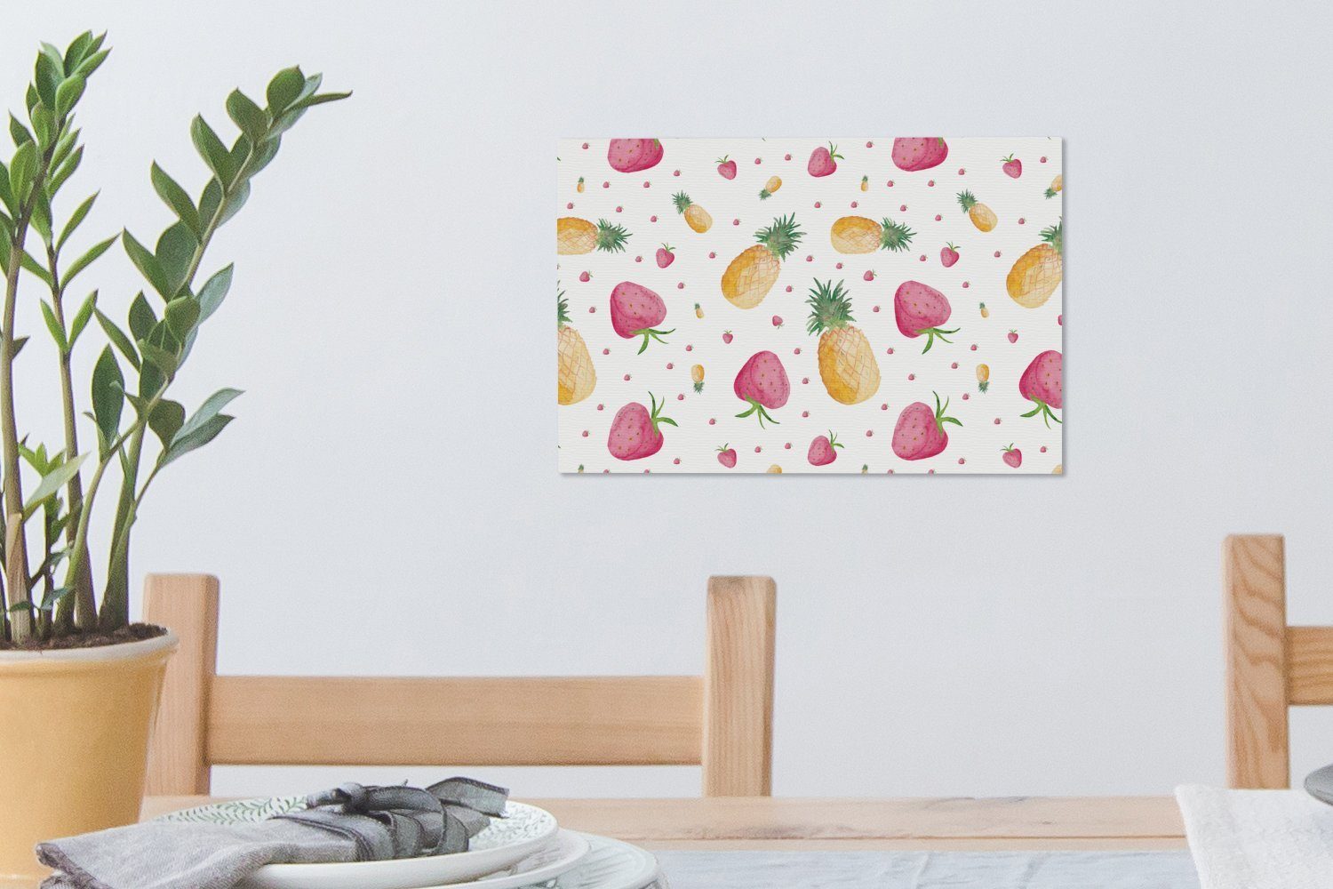 Wanddeko, Ananas Erdbeeren 30x20 St), OneMillionCanvasses® Leinwandbilder, Aufhängefertig, - (1 cm Schablonen, - Leinwandbild Wandbild