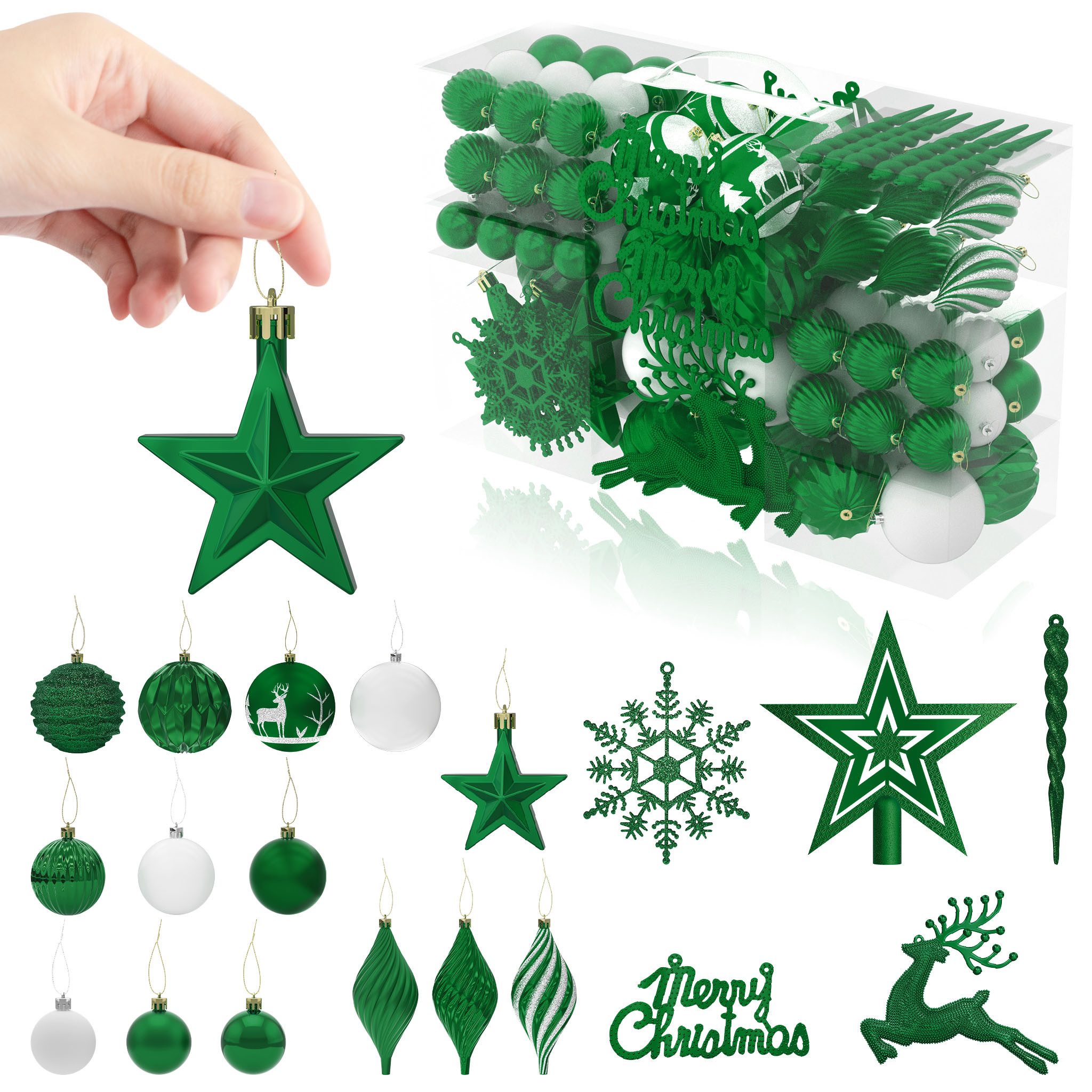 FIVMEN Weihnachtsbaumkugel 108 Stück Weihnachtskugeln Kunststoff mit Stern Spitze, Mehrere Farboptionen