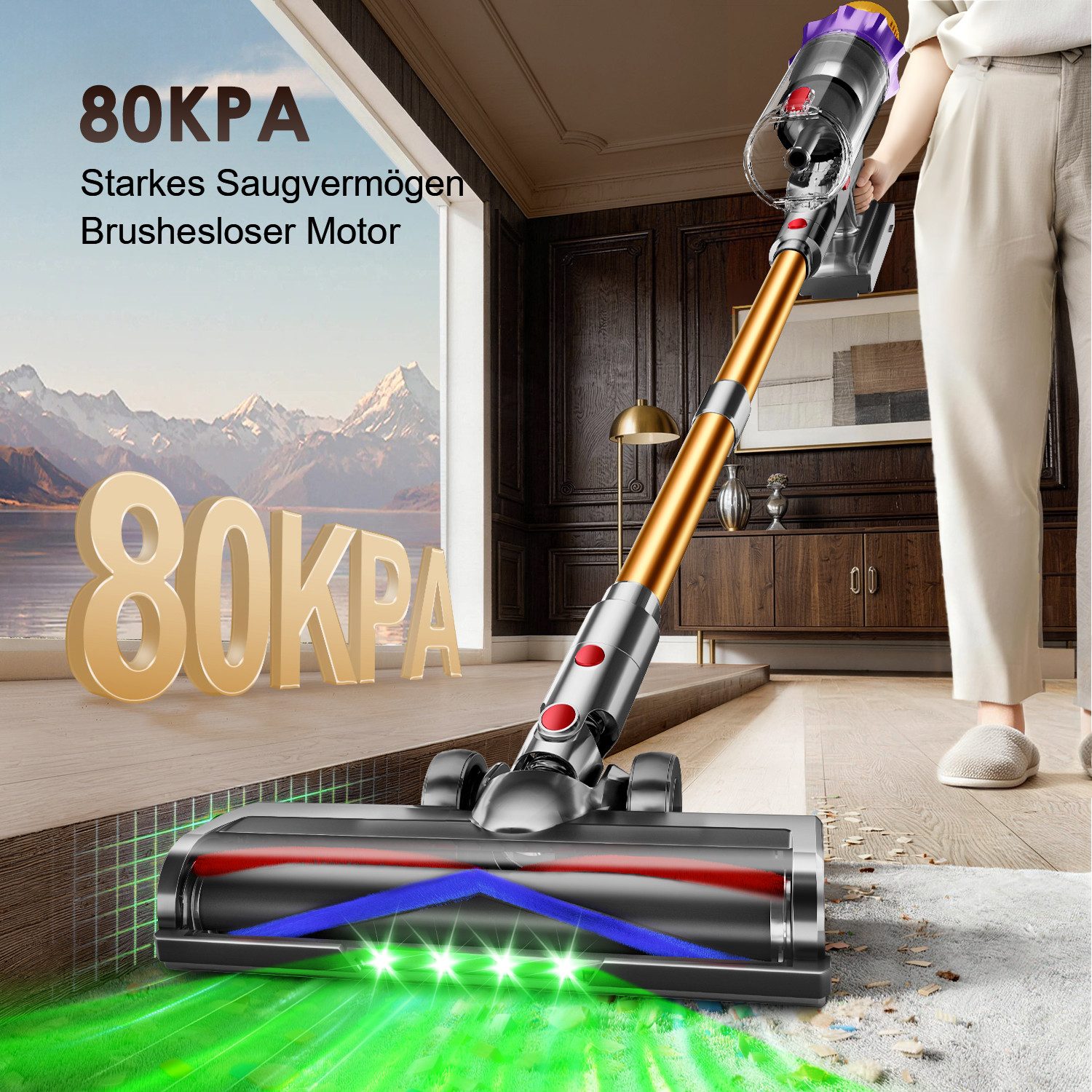 Adormii Akku-Hand-und Stielstaubsauger Akku staubsauger 80000Pa/70Min, Staubsauger Kabellos HEPA*4, 8-stufiges Filtersystem,LED und V-förmige Anti-Tangle-Bürste, Smartes LED-Display,50dB leise,für Teppich,Hartböden&Tierhaare