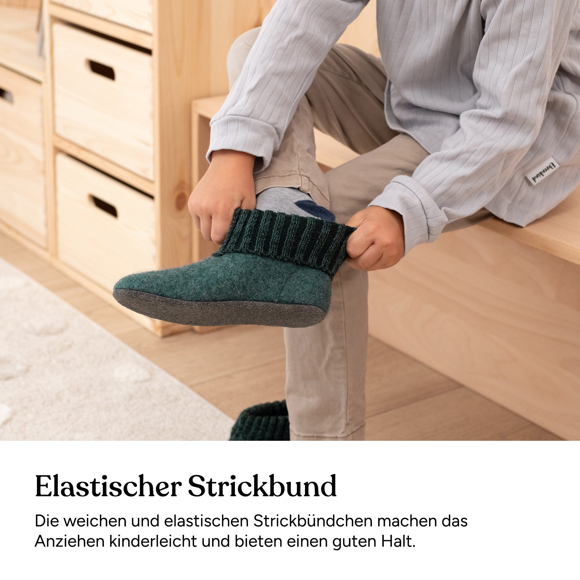 Ehrenkind Gemütliche Kinder-Hausschuhe aus reiner Schurwolle, Rutschfest Hüttenschuhe (atmungsaktiv & temperaturregulierend, Hüttenhausschuhe, Hüttenschuhe Kind – Bild 4 von 5