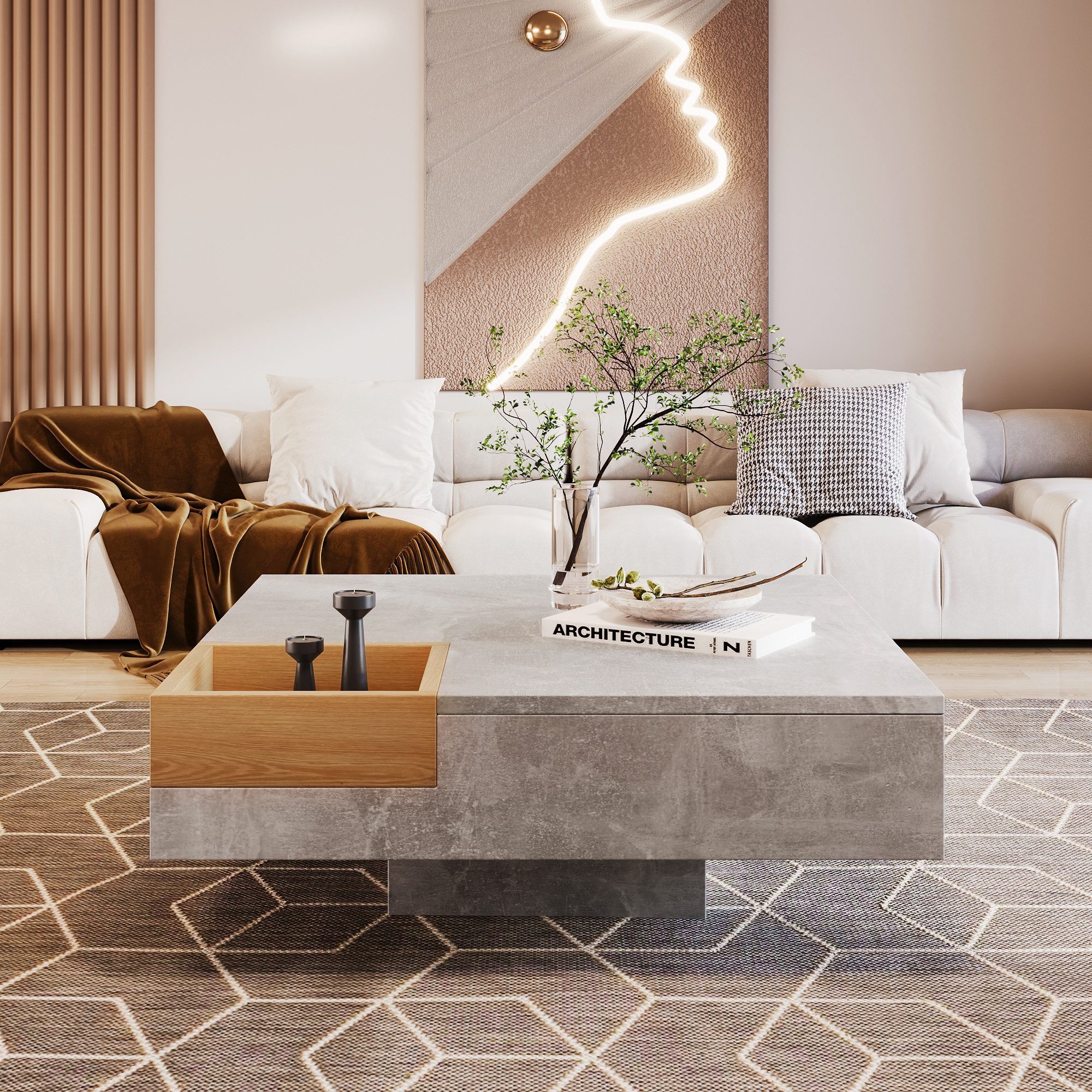 STILVORA Couchtisch mit Stauraumbox abnehmbar,Wohnzimmertisch Sofatisch mit Hochglanz&LED (1-St), Betongrau und Holzfarbe, 72*72*30 cm.