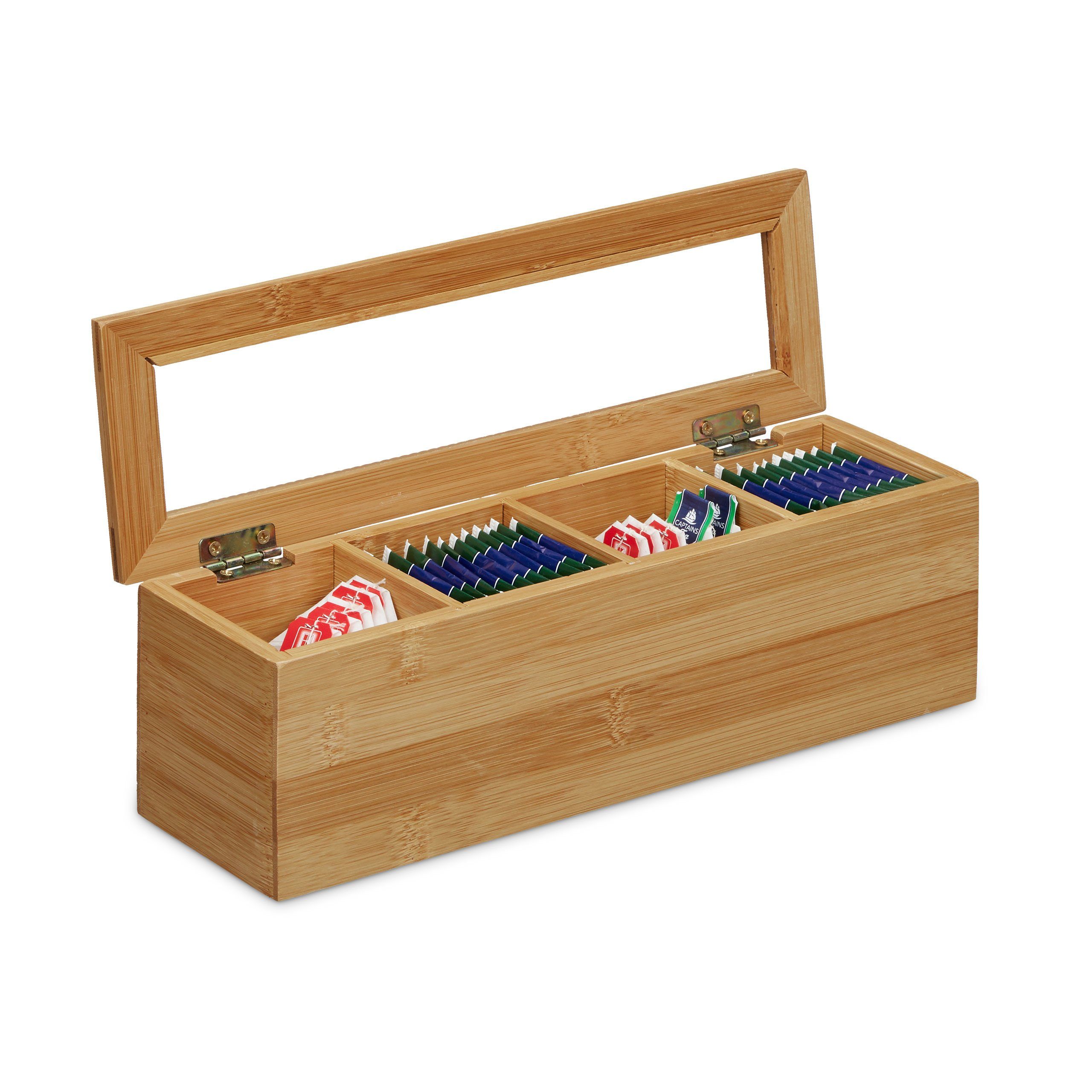 relaxdays Teebox Bambus 4 Fächer, Bambus, (4-tlg)