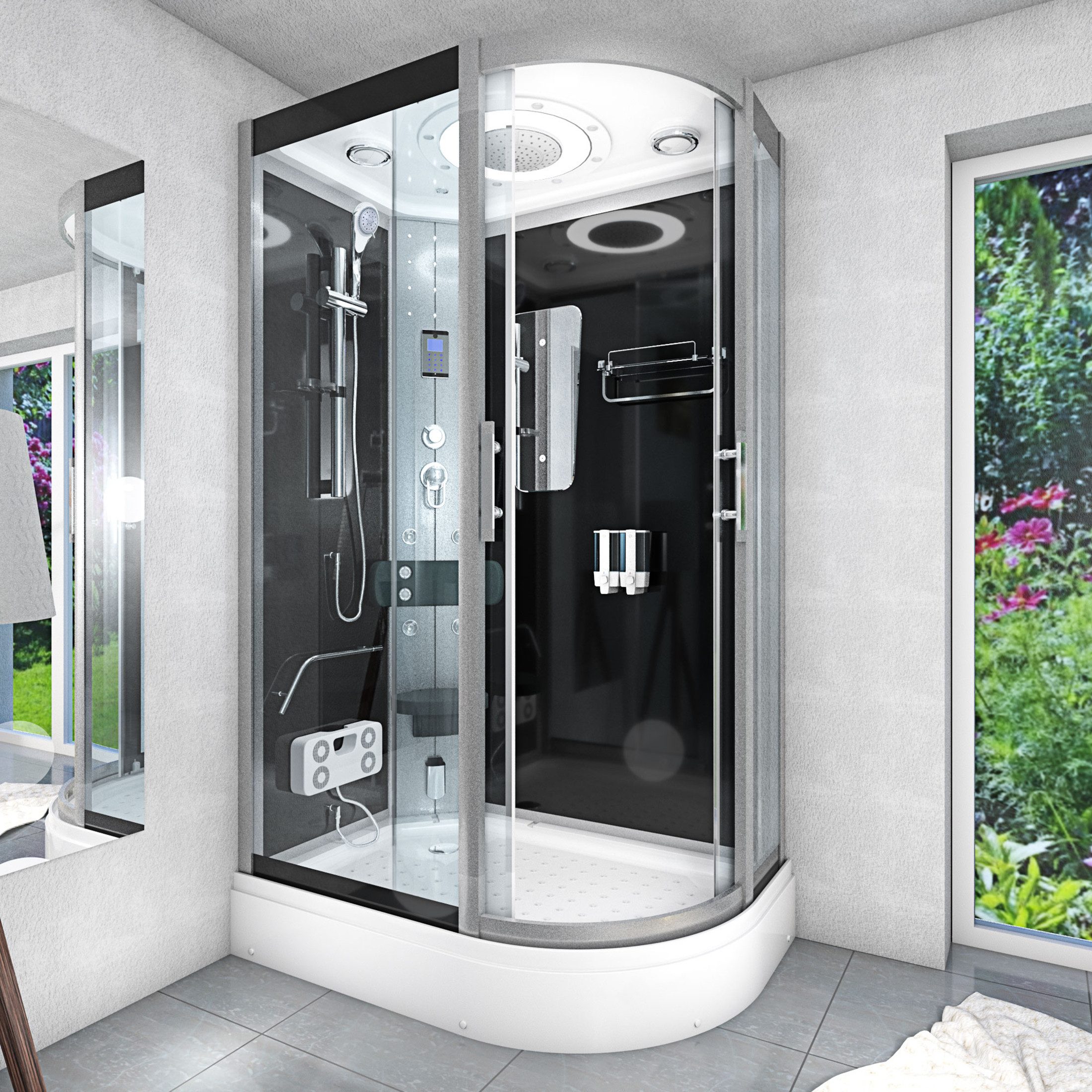AcquaVapore Dampfdusche Dusche DampfduscheD60-73T2R-ALL sw 80x120, Sicherheitsglas ESG, Höhenverstellbar, Mit Bauanleitung, Mit Beleuchtung, Mit Spiegel, Gehä