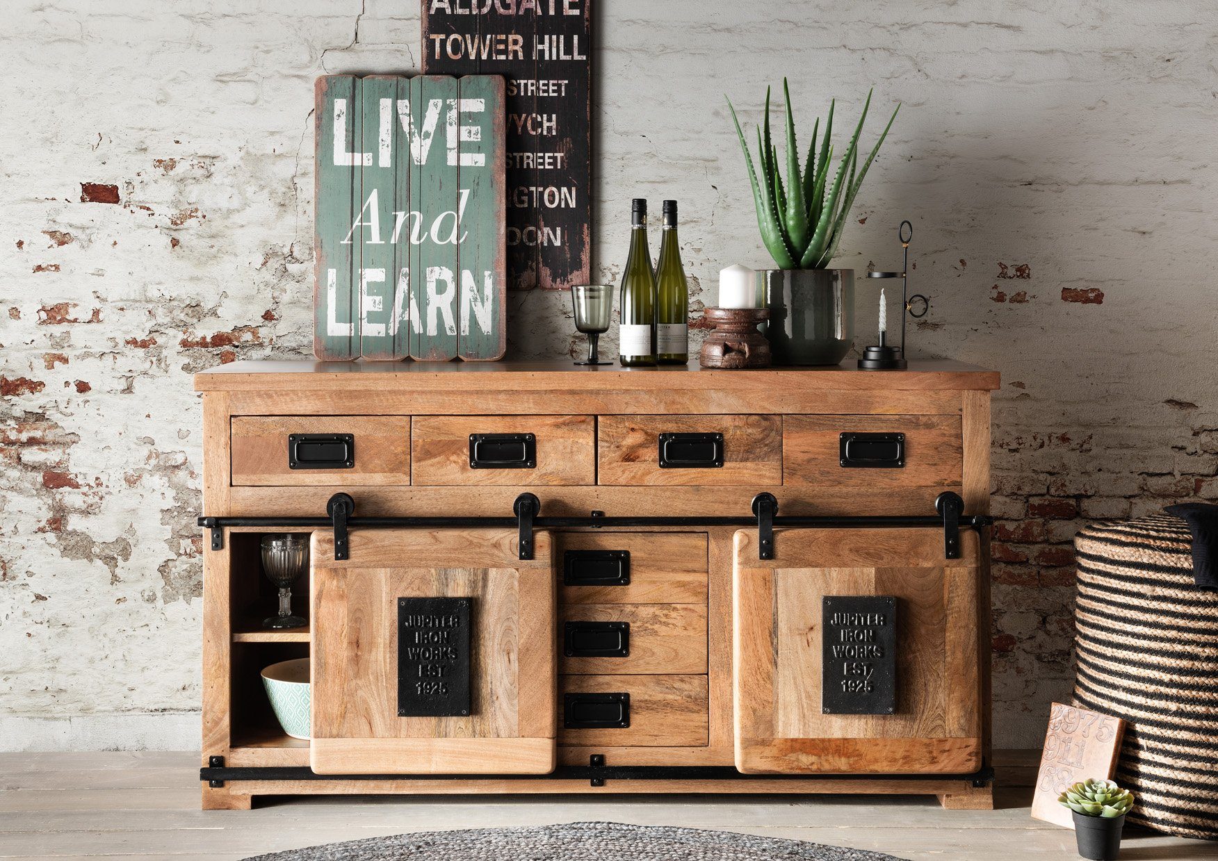 More2Home Kommode MARK Nr.1, Mango massiv, 2 Schiebetüren,7 Schubladen, 150cm breit