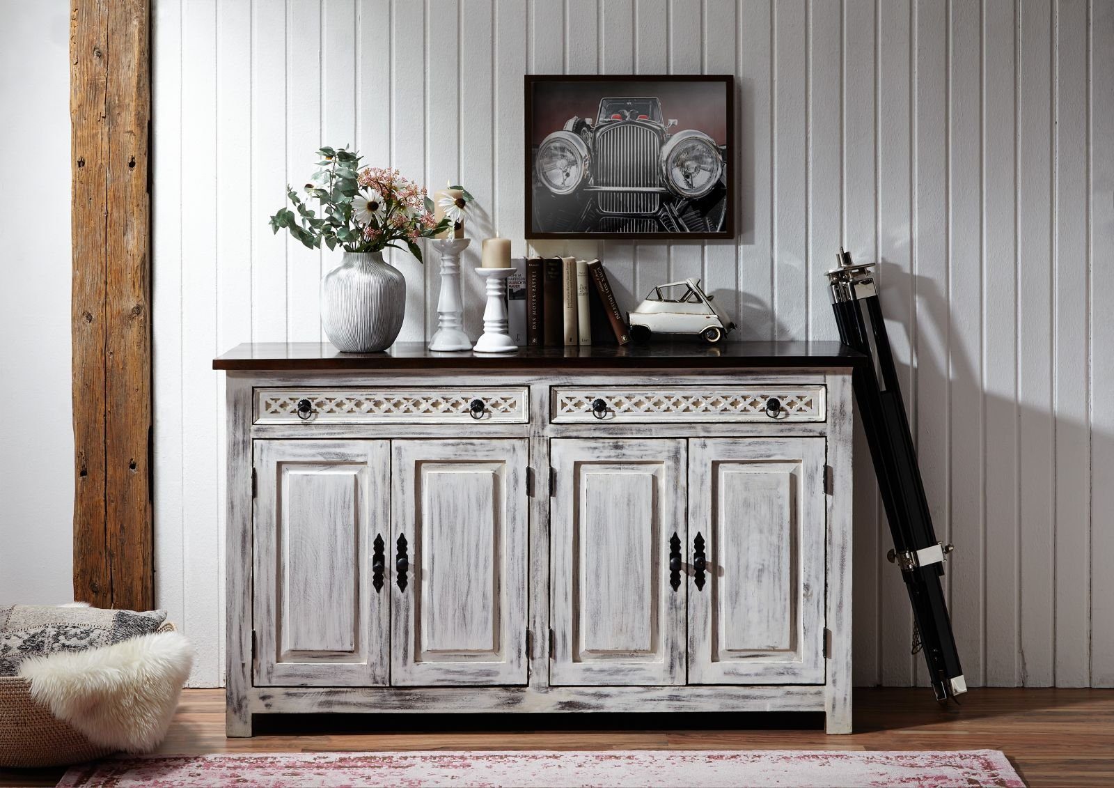 Massivmoebel24 Sideboard CASTLE-ANTIK (Massivholz), Sideboard Mango / Akazie 150x45x90 weiß gewachst CASTLE-ANTIK #261