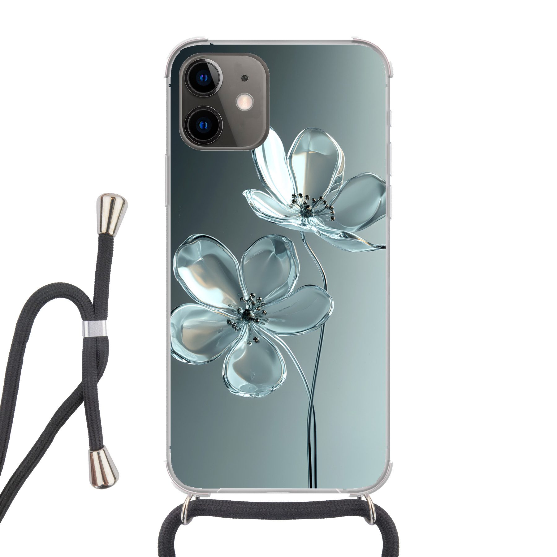 MuchoWow Handyhülle für Apple iPhone 12 Kristall - Blumen - Grau, Tragbare Handyhüllen mit Kette zum umhängen, Handykette Handyband