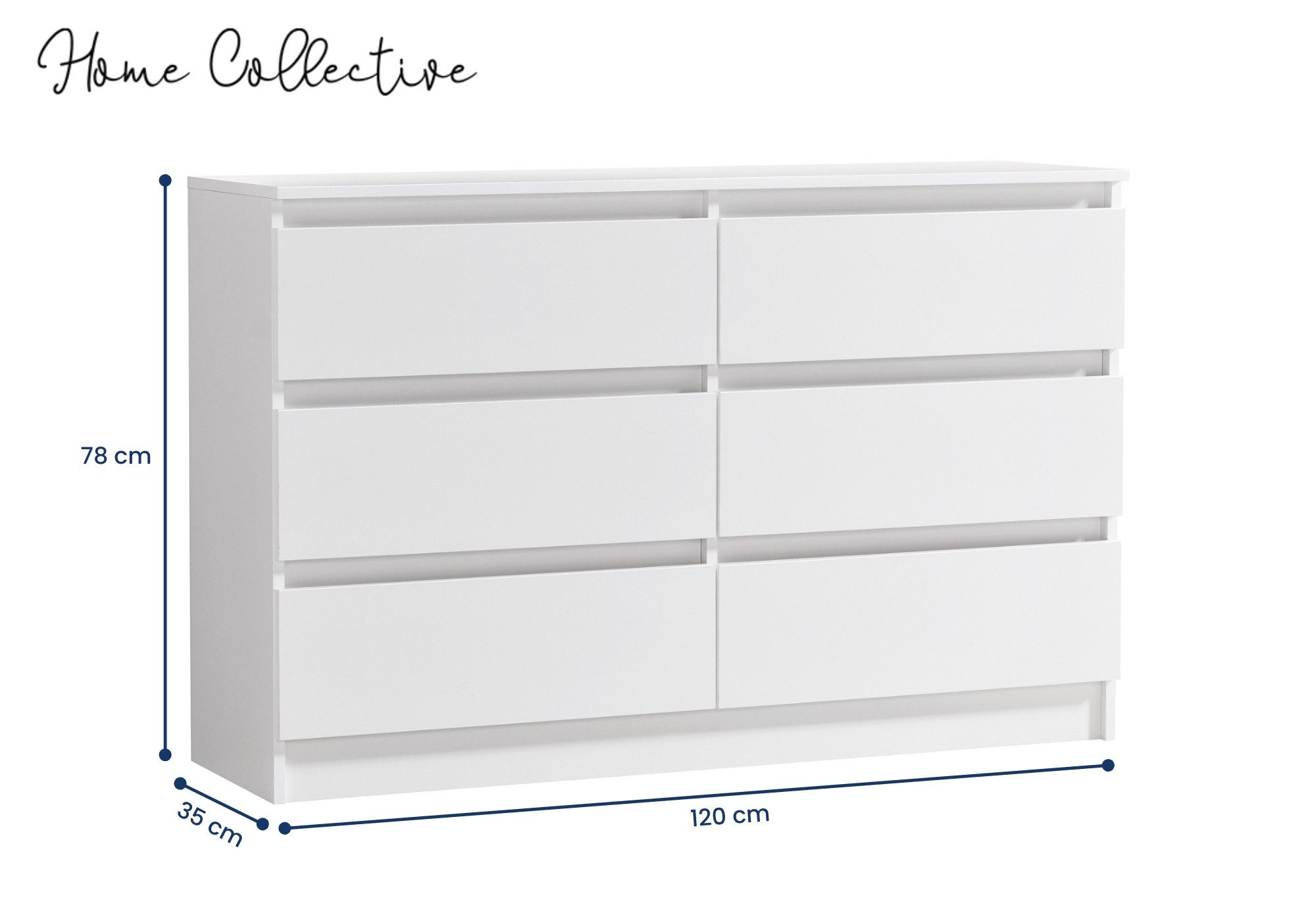 Home Collective Kommode mit 6 Schubladen 95, 120, 140, 160 cm breit Holz Schrank (Highboard Anrichte Schlafzimmer Wohnzimmer Flur Büro Organizer), Kommode 120 cm breit Kommode Sideboard, Weiß