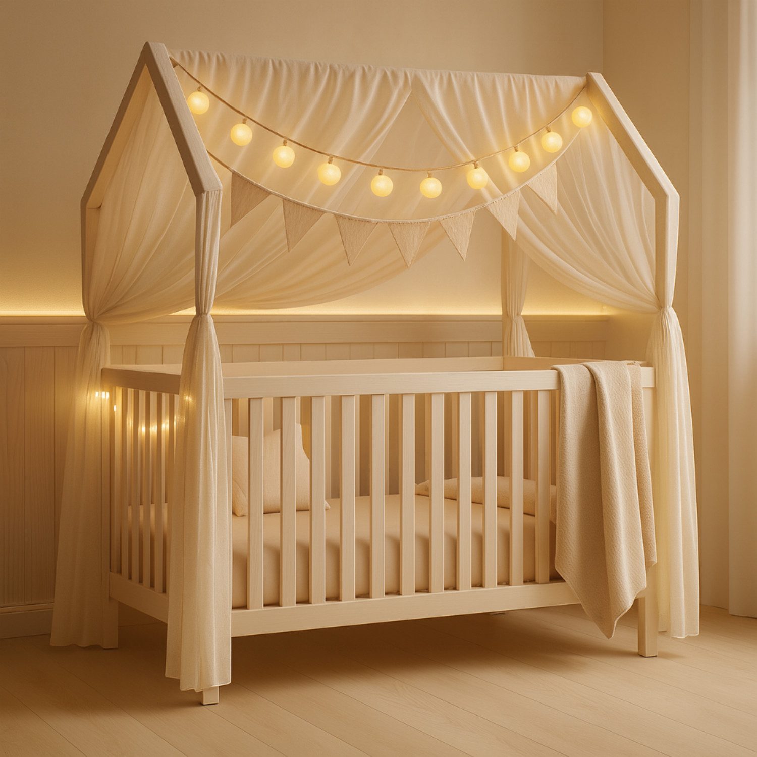 Komplettbett ELLA 60x120 cm SET mit Deko & Lichterkette aus Massivholz Kiefer Weiß