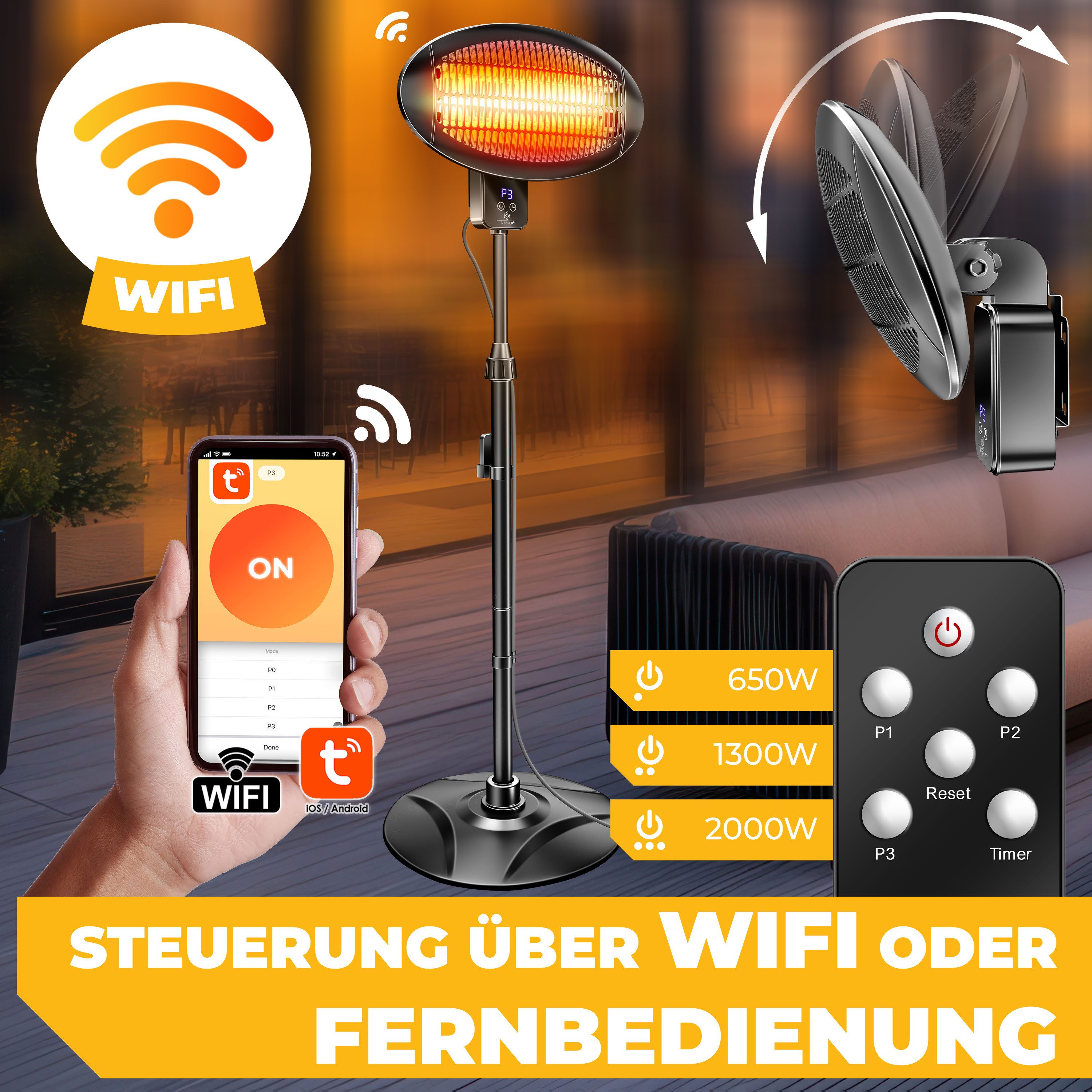KESSER Heizstrahler Infrarot Terrassenstrahler Stand- & Wandmontage, höhenverstellbar, Wärmestrahler drehbar IPX4 spritzwassergeschützt, WLAN & Fernbedienung