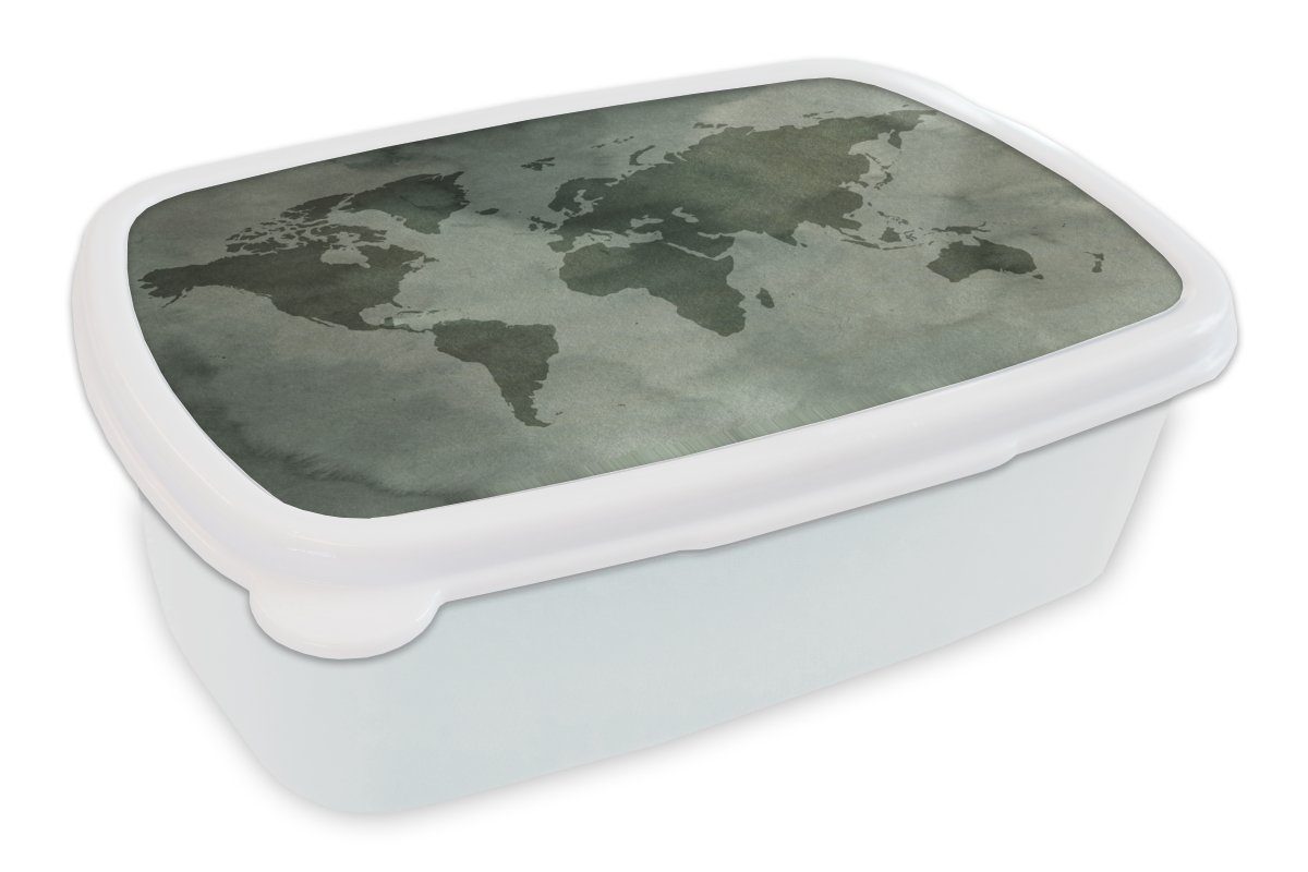 Weltkarte für - Lunchbox MuchoWow Erwachsene, weiß (2-tlg), Aquarell Grau, Mädchen Brotbox für Kunststoff, Brotdose, Kinder und und - Jungs