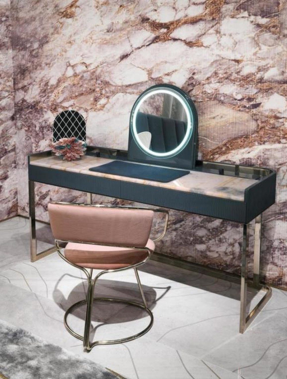 JVmoebel Schminktisch Luxus Schminktisch mit Designerstuhl aus Holz in Blau (Set, 2-St., 2x Schminkstuhl), Made in Europa