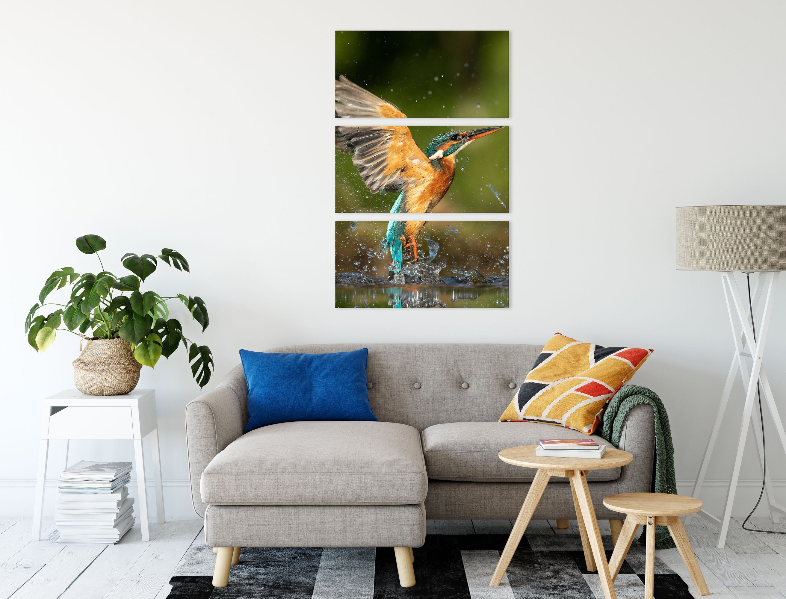 Pixxprint Leinwandbild Eisvogel auf der Jagd nach Fischen, Eisvogel auf der Jagd nach Fischen 3Teiler (120x80cm) (1 St), Leinwandbild fertig bespannt, inkl. Zackenaufhänger