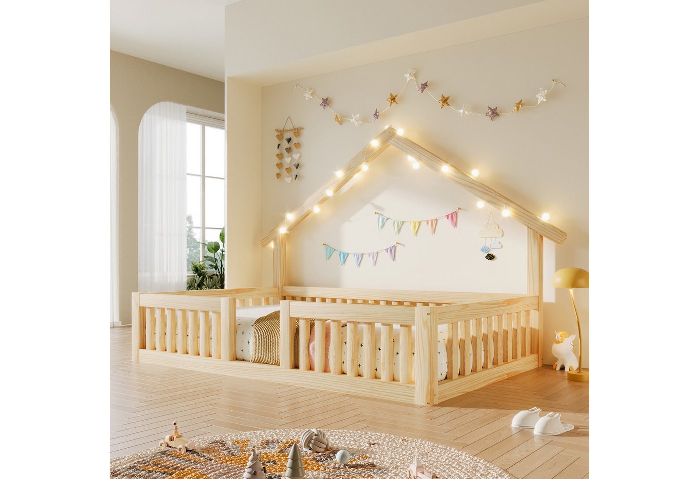 Flieks Kinderbett, Hausbett Bodenbett 90x200cm mit LED-Lichterkette ohne Lattenrost
