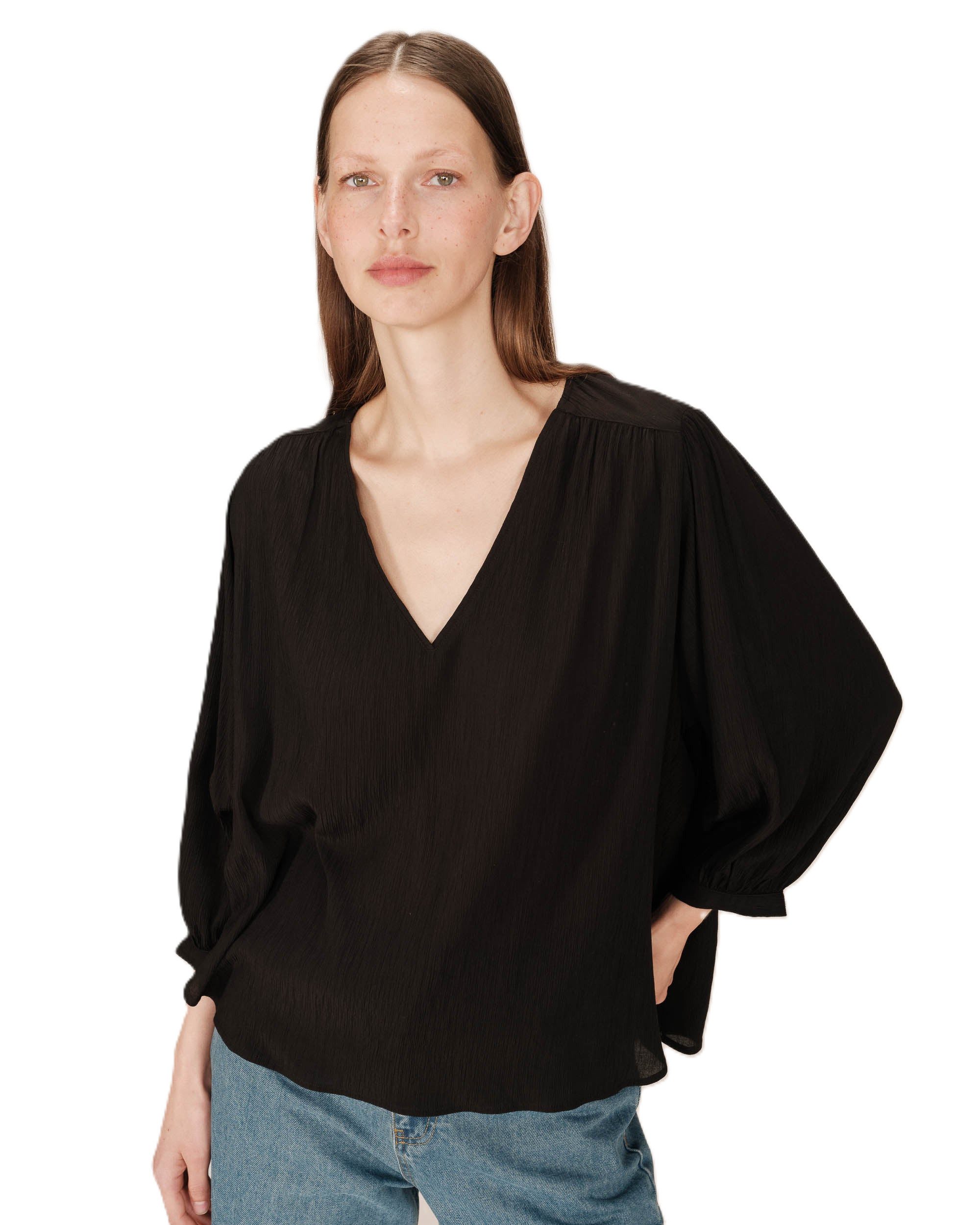 Grace & Mila Langarmbluse Flowy straight blouse SOLO ? V-Ausschnitt ? lockere 3/4 Arm Bluse