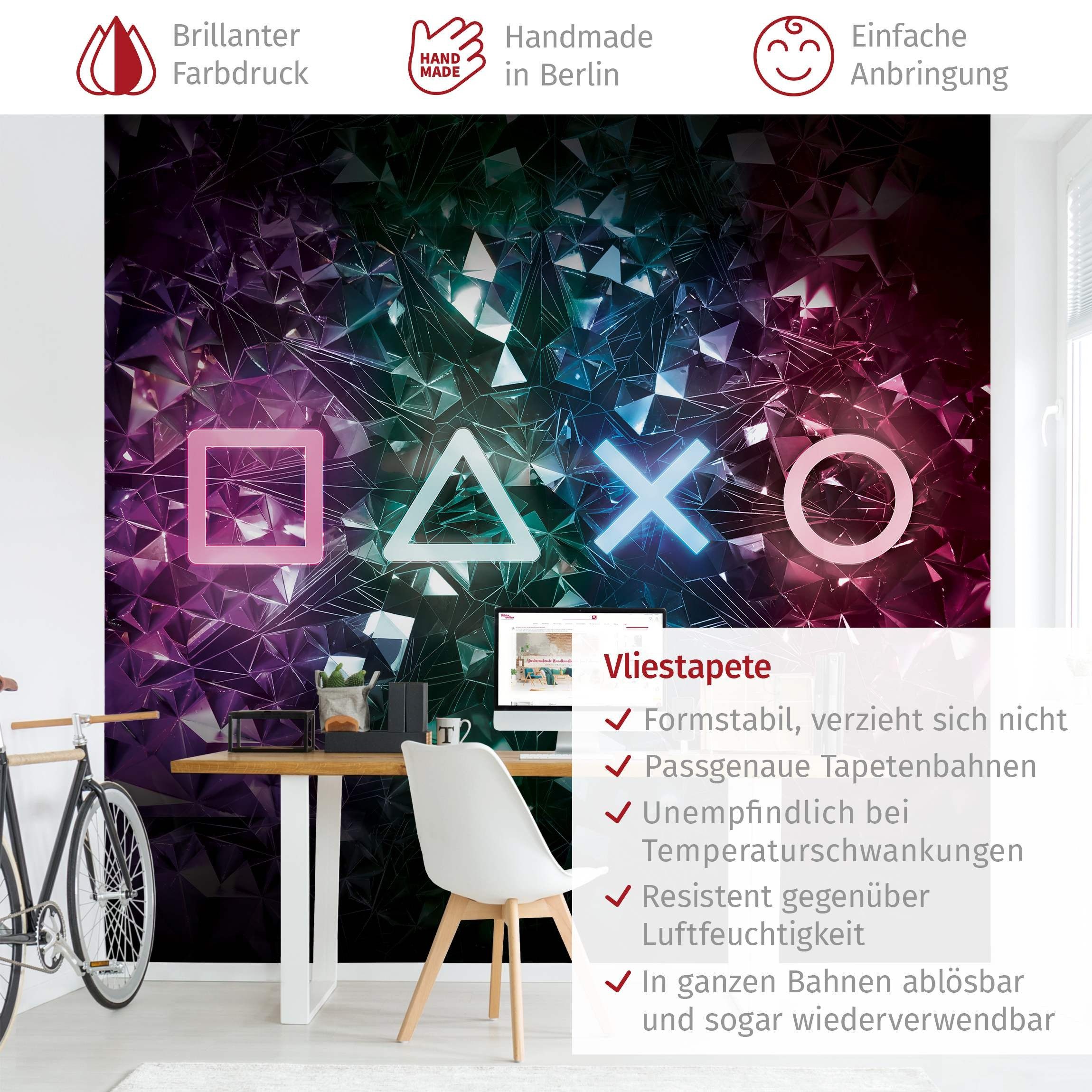Bilderdepot24 Fototapete Controller Kristallen Neon Art Gamer bunt moderne Wanddeko XXL, Glatt, Matt, (Vliestapete inkl. Kleister oder selbstklebend), Jugendzimmer Gaming Zimmer Tapete Wohnzimmer Vliestapete Wandtapete