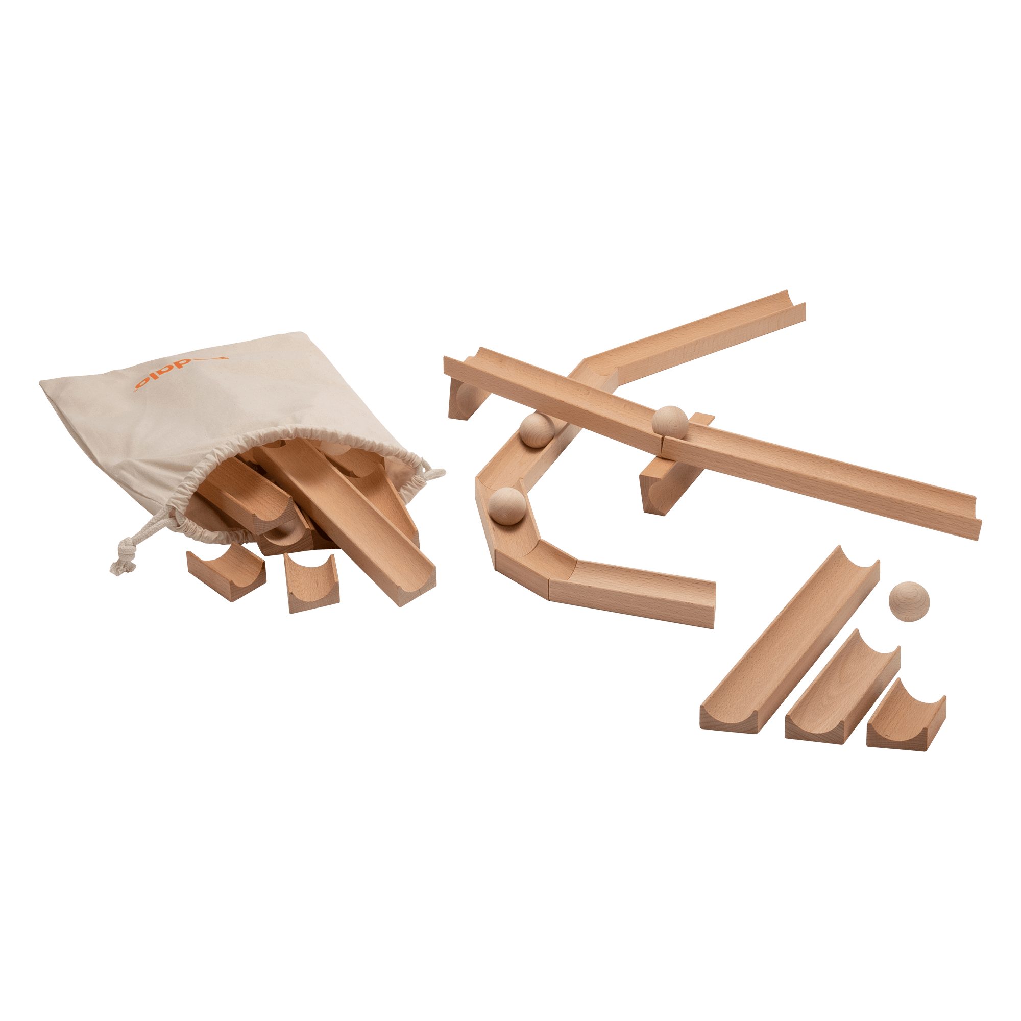 pedalo® Lernspielzeug Murmelbahn XL I Sandkugelbahn, Kugelbahn, Spiel (Packung, 29-St., 24 Bahnen in 3 verschiedene Längen, 4 Holzkugeln, 1 Stoffbeutel), Buche geölt, 24 Bahnen, 4 Kugeln