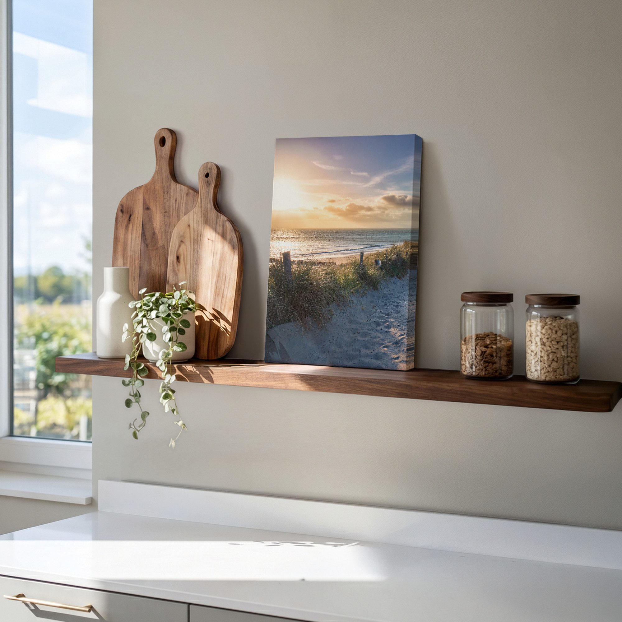 OneMillionCanvasses® Leinwandbild Sonnenuntergang - Strand - Düne - Gras - Bank, Fotodruck (1 St), Leinwand Canvas Wandbild, Wanddekoration 20x30 cm – Bild 5 von 5