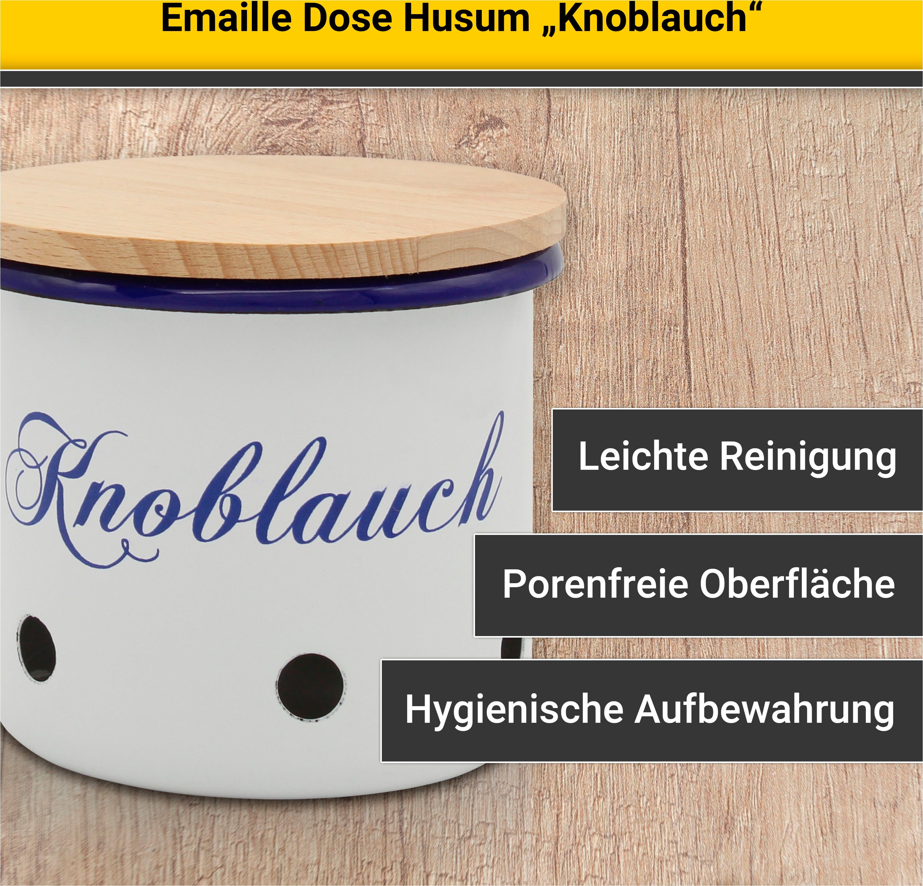 Krüger Vorratsdose Emaille Vorratsdose Husum für Knoblauch mit Holzdeckel, 10 cm, Emaille, (1-tlg), schnitt-/kratzfeste Oberfläche, Bakterienabweisend, extrem l – Bild 3 von 5