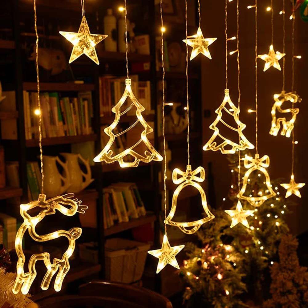 Rosnek LED-Lichtervorhang 3M, Weihnachten Thema, Kupfer, wasserdicht, für Neujahr Fenster, Glocken Bäume Rehe Sterne; Wohnzimmer Garten Deko; batterie