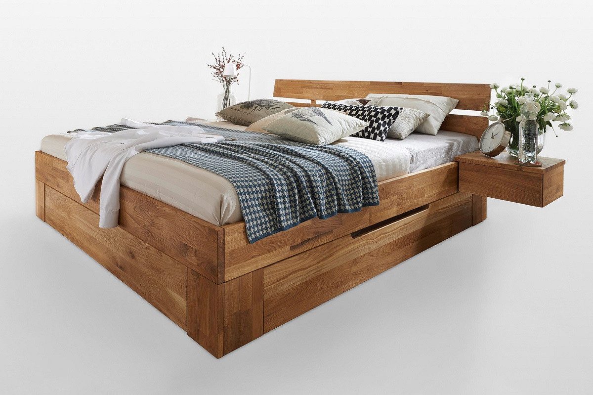 Main Möbel Massivholzbett Bett mit Bettkästen 'Meran' 200x200cm Wildeiche geölt Sitzhöhe 40cm
