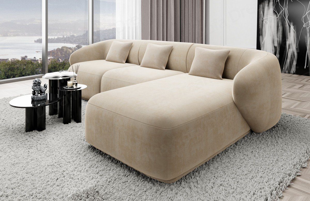 Sofa Dreams Ecksofa Design Couch Polster Samtstoff Sofa Marbella L Form kurz Stoffsofa, Loungesofa mit mane beige02