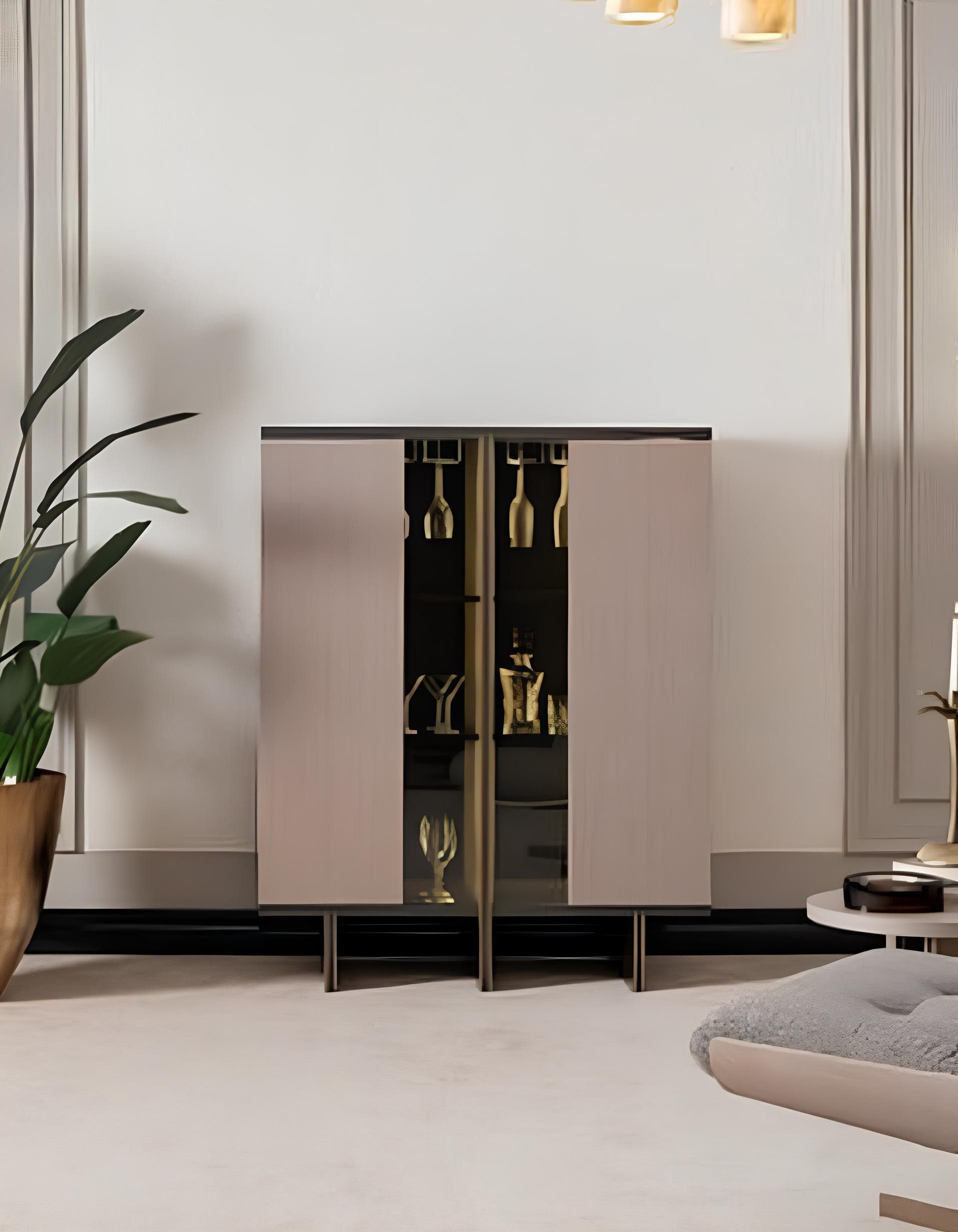 Xlmoebel Barschrank Beige Holz Wohnzimmerschrank mit Barschrank und Stauraum (1-St., Gruppe Vitrine + Sessel) Hergestellt in Europa